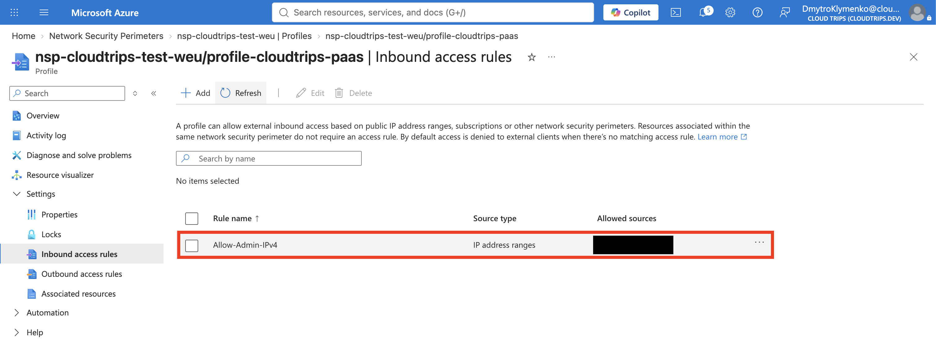 NSP-Inbound-Regel für genau eine öffentliche Administrator-IPv4