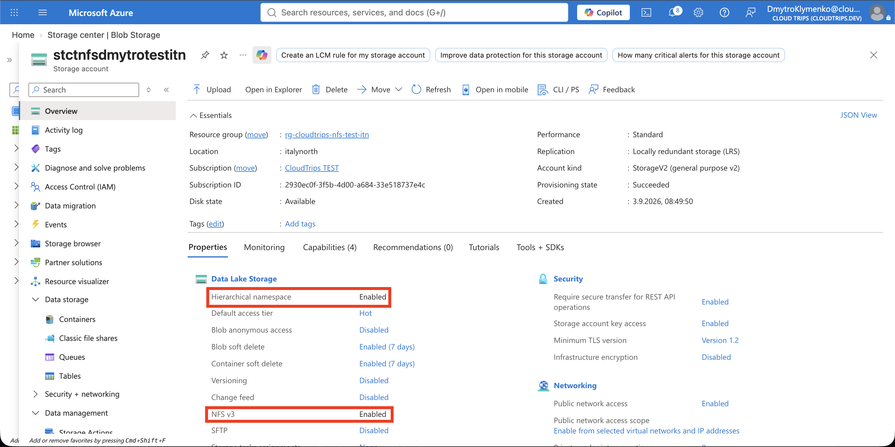 Storage-Account-Übersicht mit aktiviertem hierarchischen Namespace und NFS v3