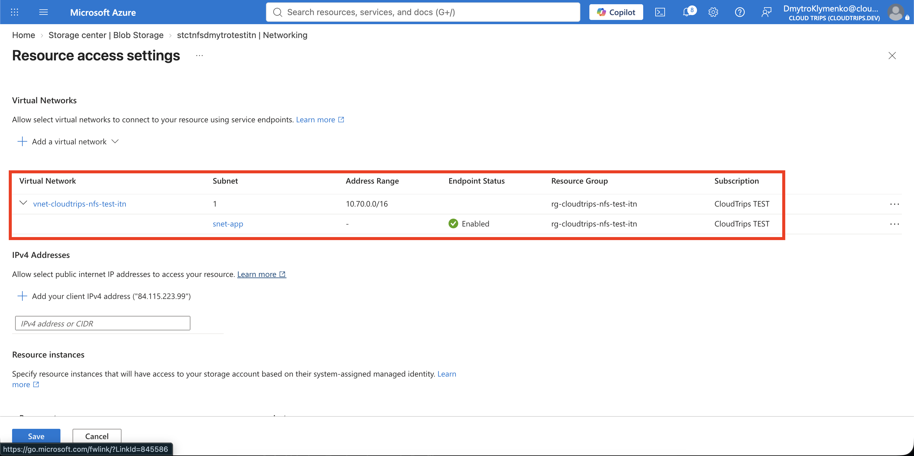 Networking-Seite des Storage Accounts mit Beschränkung auf vnet-cloudtrips-nfs-test-itn und snet-app