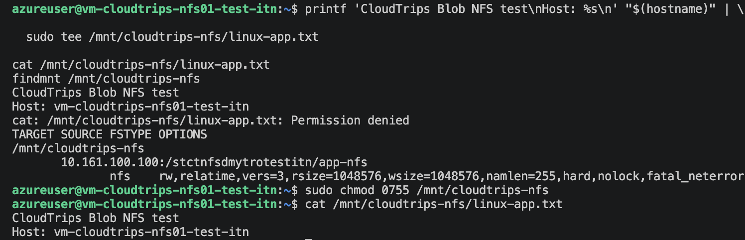 Linux-Terminal mit eingebundenem Blob-NFS-Container und erfolgreichem Schreibtest