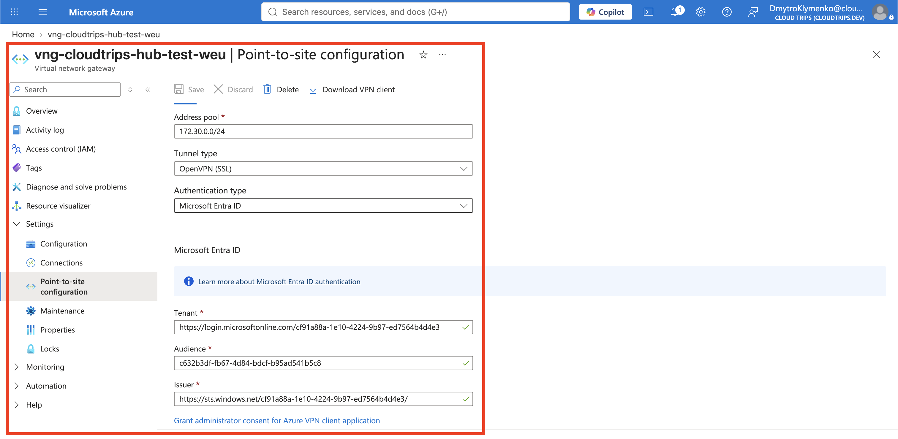 Seite Point-to-site configuration mit CloudTrips-Clientadresspool, OpenVPN-Tunnel und Microsoft-Entra-ID-Werten