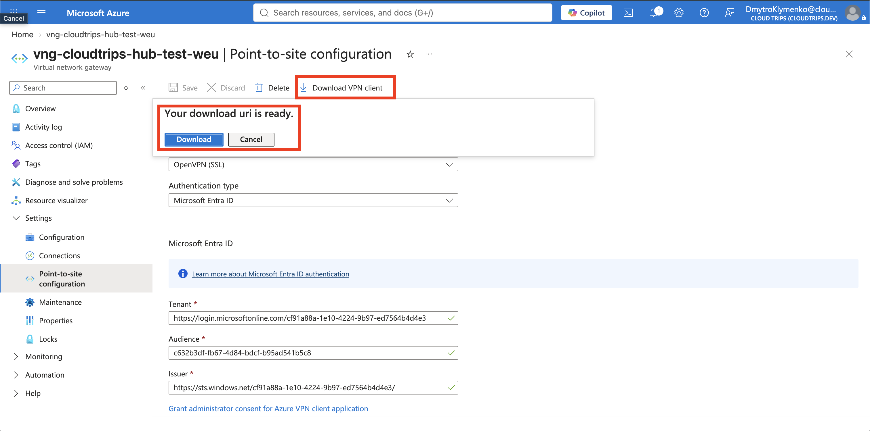 CloudTrips-Seite Point-to-site configuration mit Download VPN client nach dem Speichern der Einstellungen
