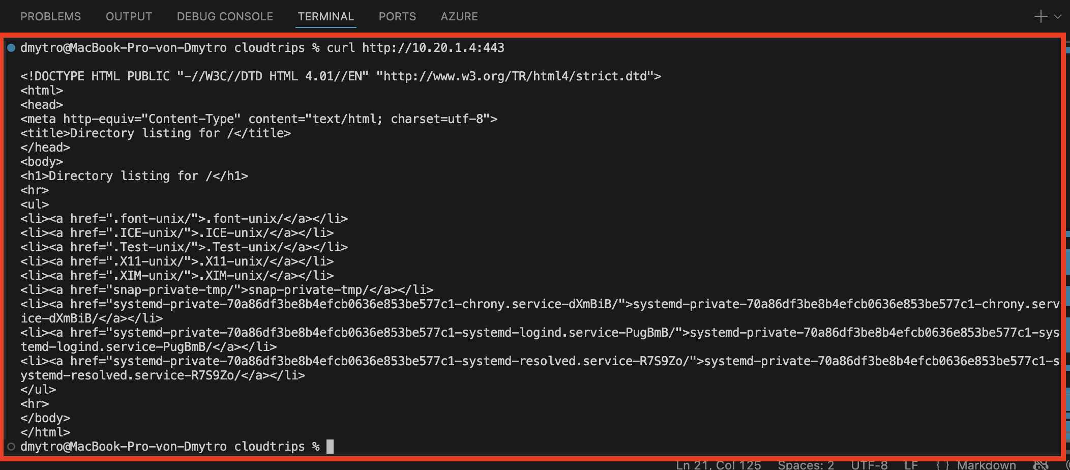 Lokales Terminal mit einer erfolgreichen Antwort von der privaten Adresse 10.20.1.4 bei verbundenem Azure VPN Client