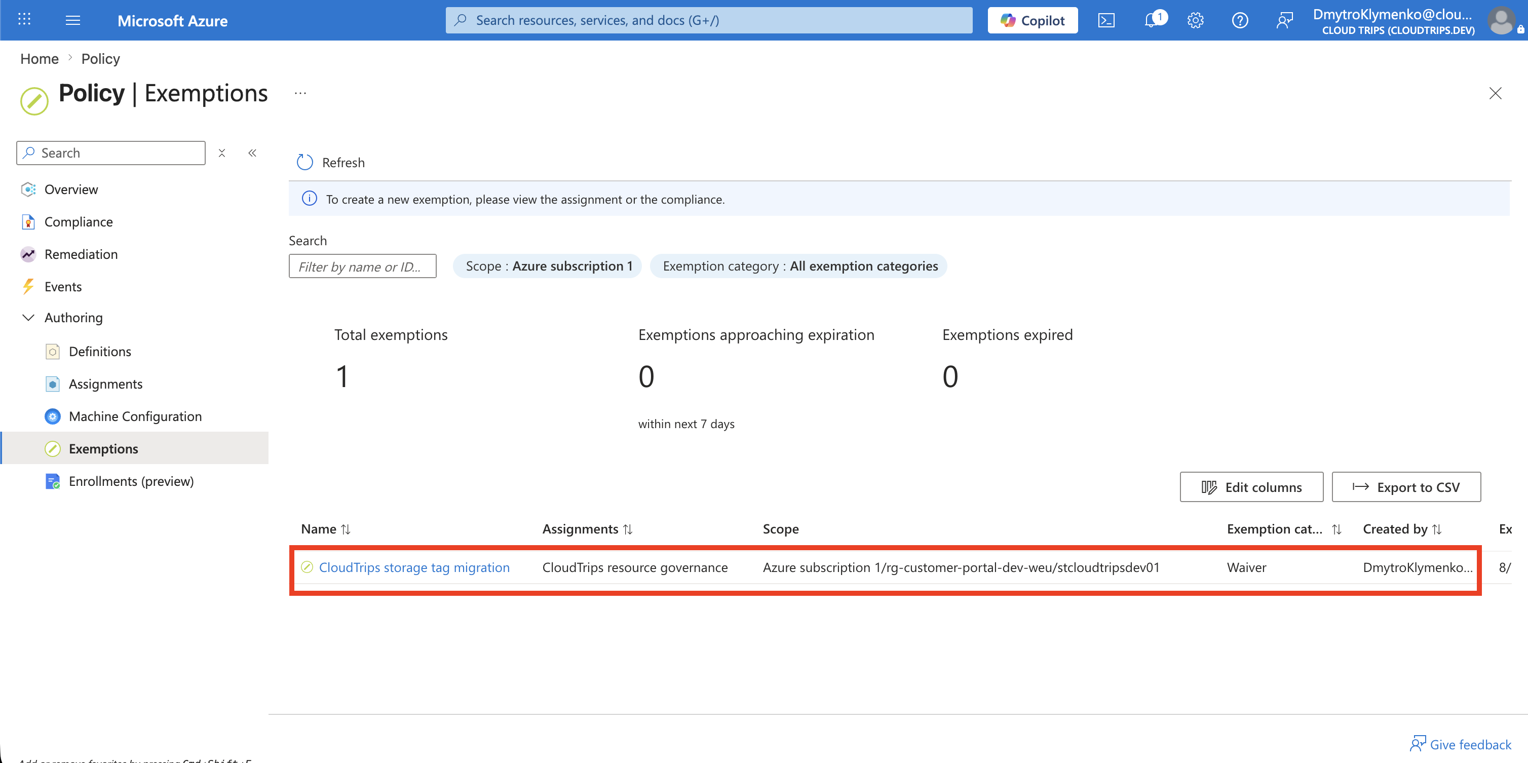 Initiative compliance showing the storage account exempt only from the required-tag policy