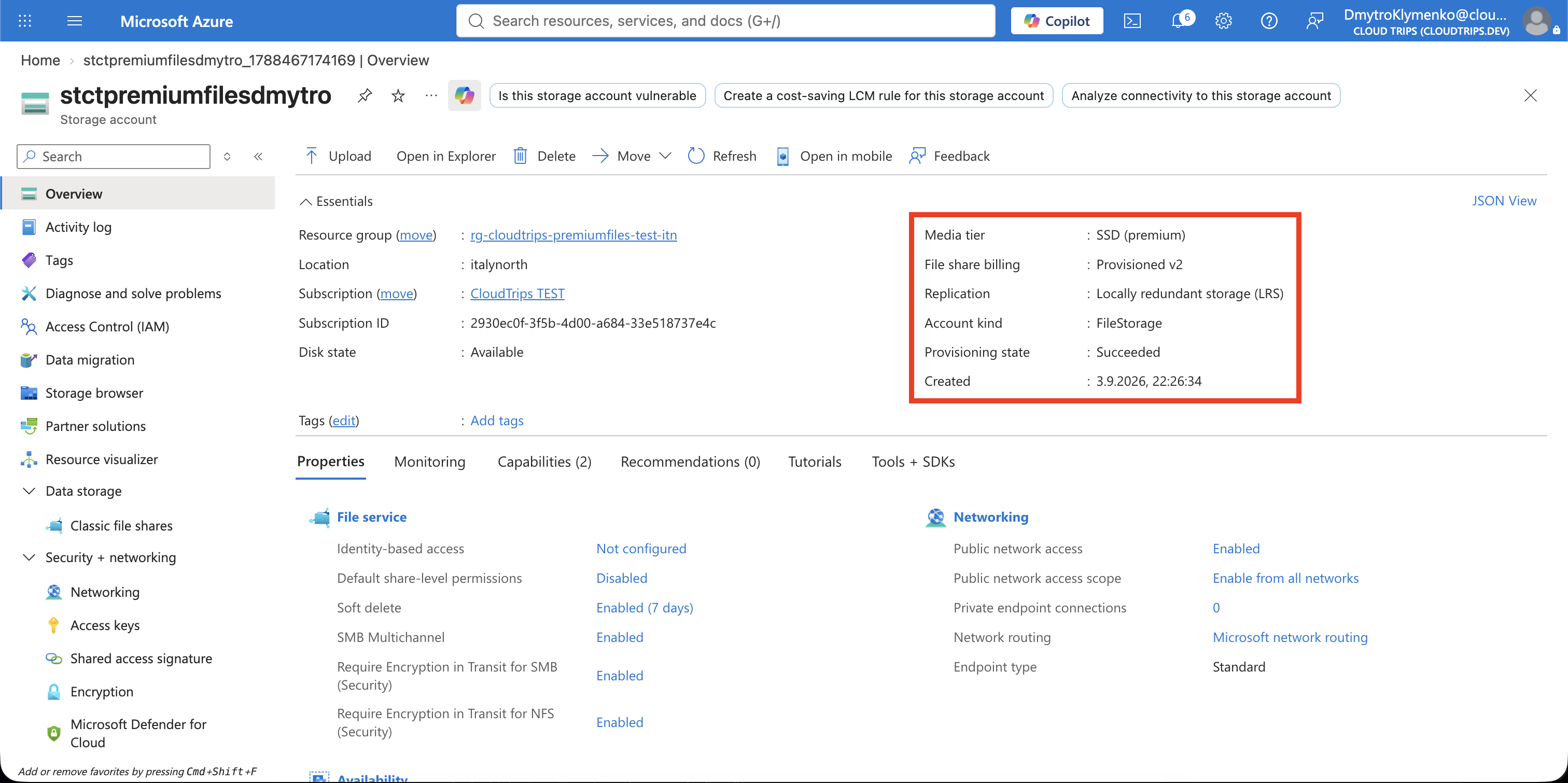 Storage account creation showing Azure Files, SSD media, Provisioned v2 billing, and LRS
