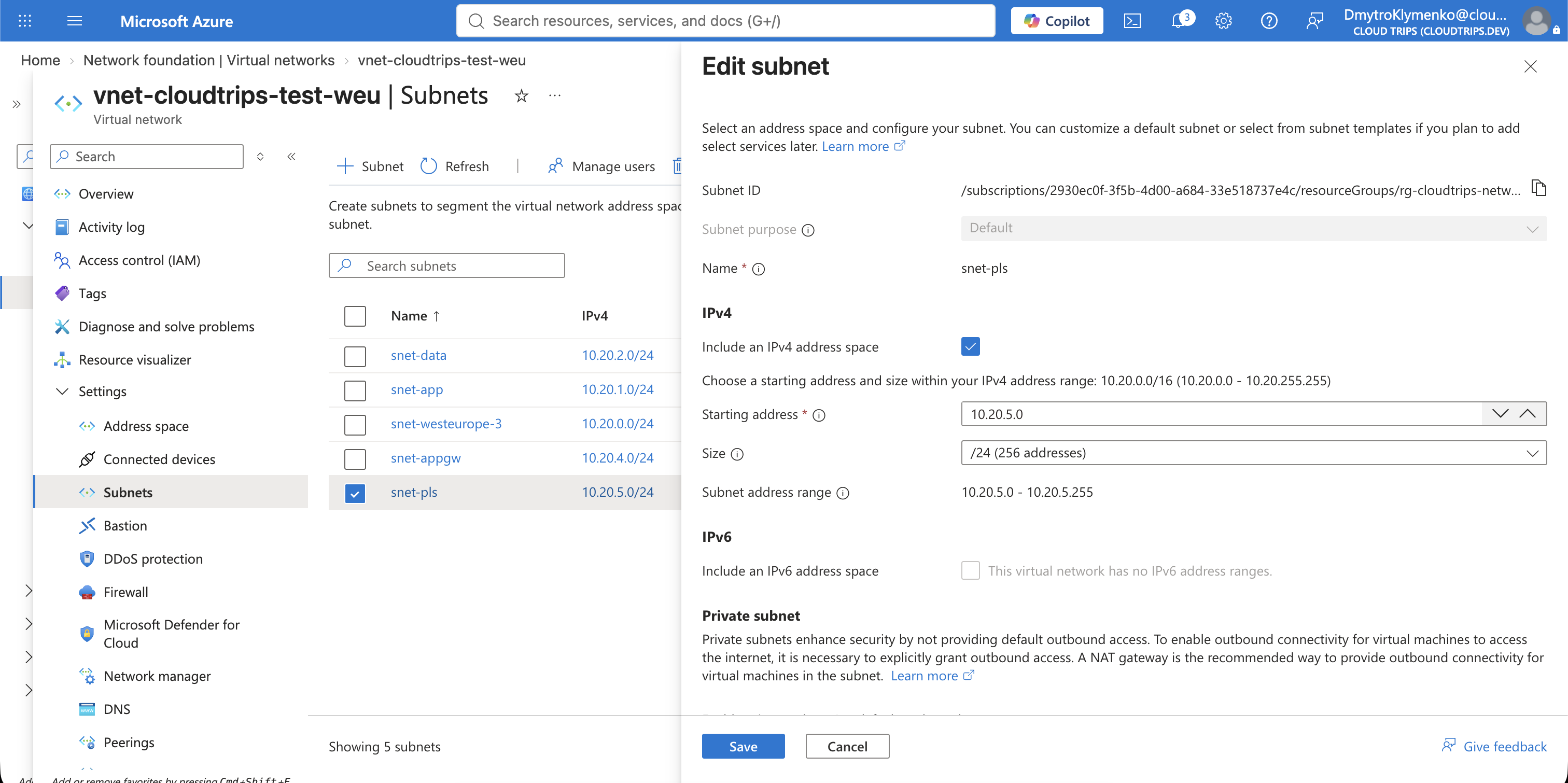 Dedicated snet-pls subnet with Private Link Service network policies disabled