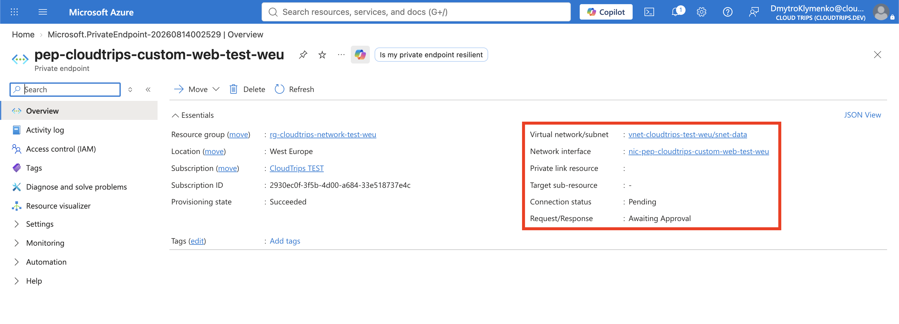 Consumer private endpoint created in snet-data for the custom Private Link Service