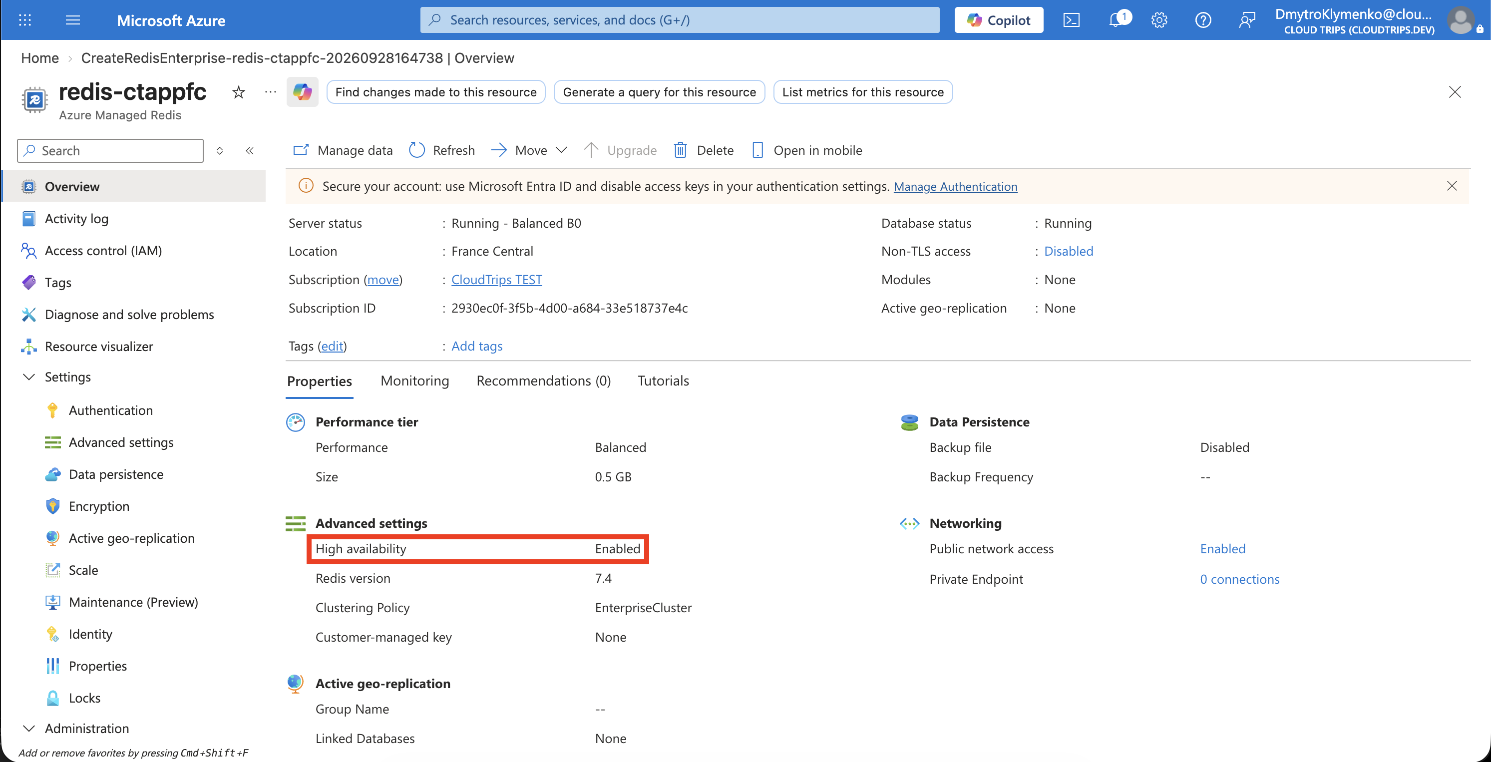 Cloud Shell mit redis-ctappfc, highAvailability Enabled und provisioningState Succeeded