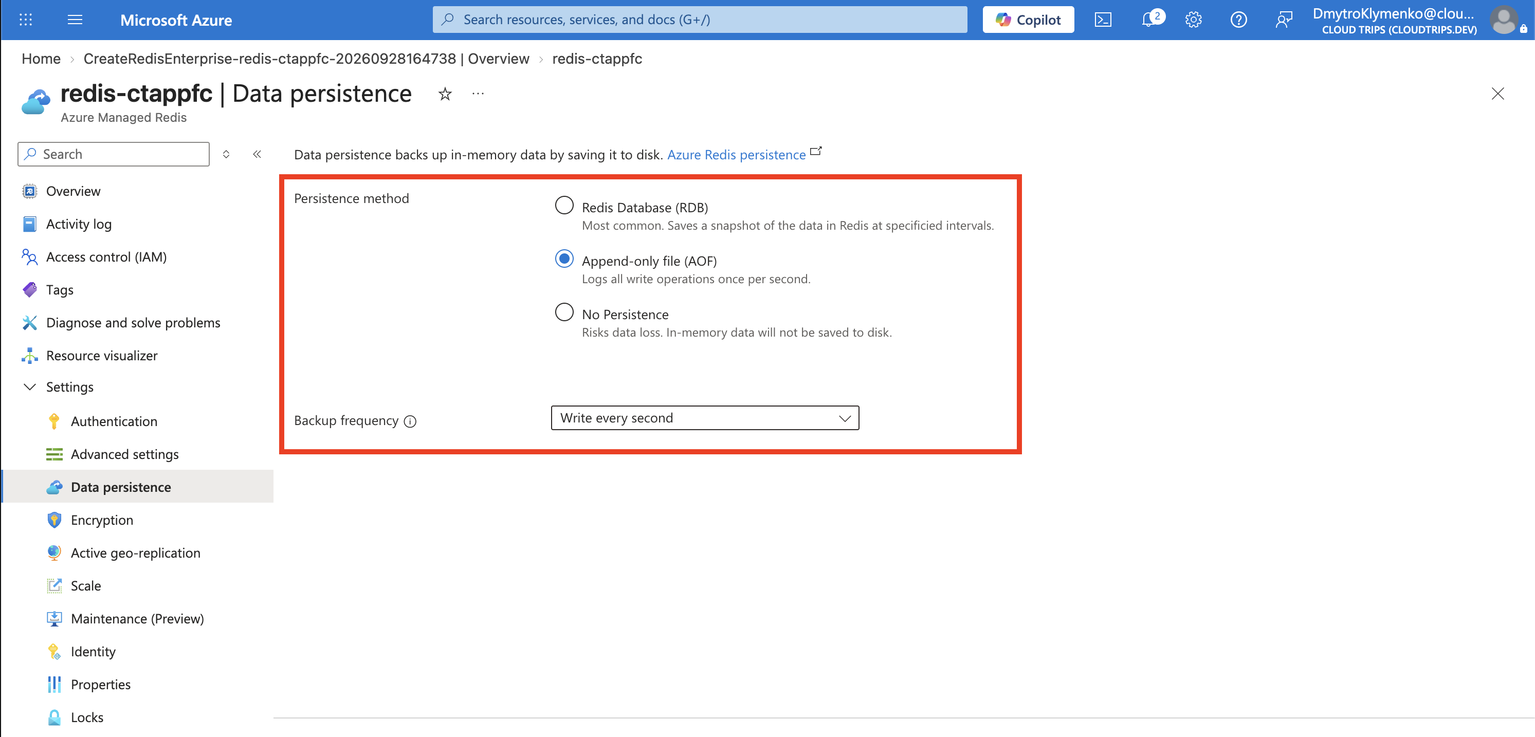 Azure-Managed-Redis-Seite Data persistence mit aktivierter AOF-Persistenz im Sekundentakt