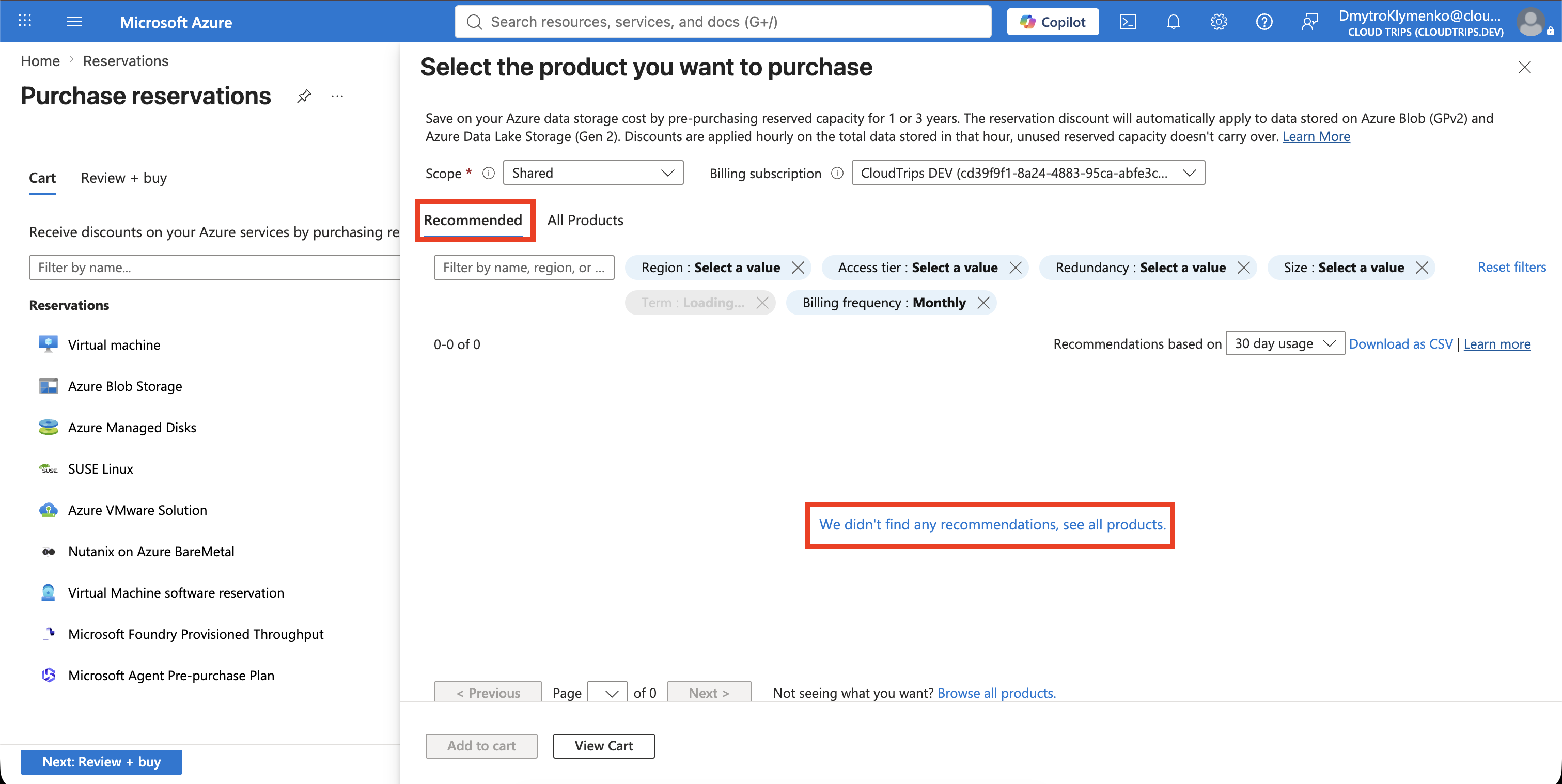 Reservation purchase experience showing the recommendation result for CloudTrips