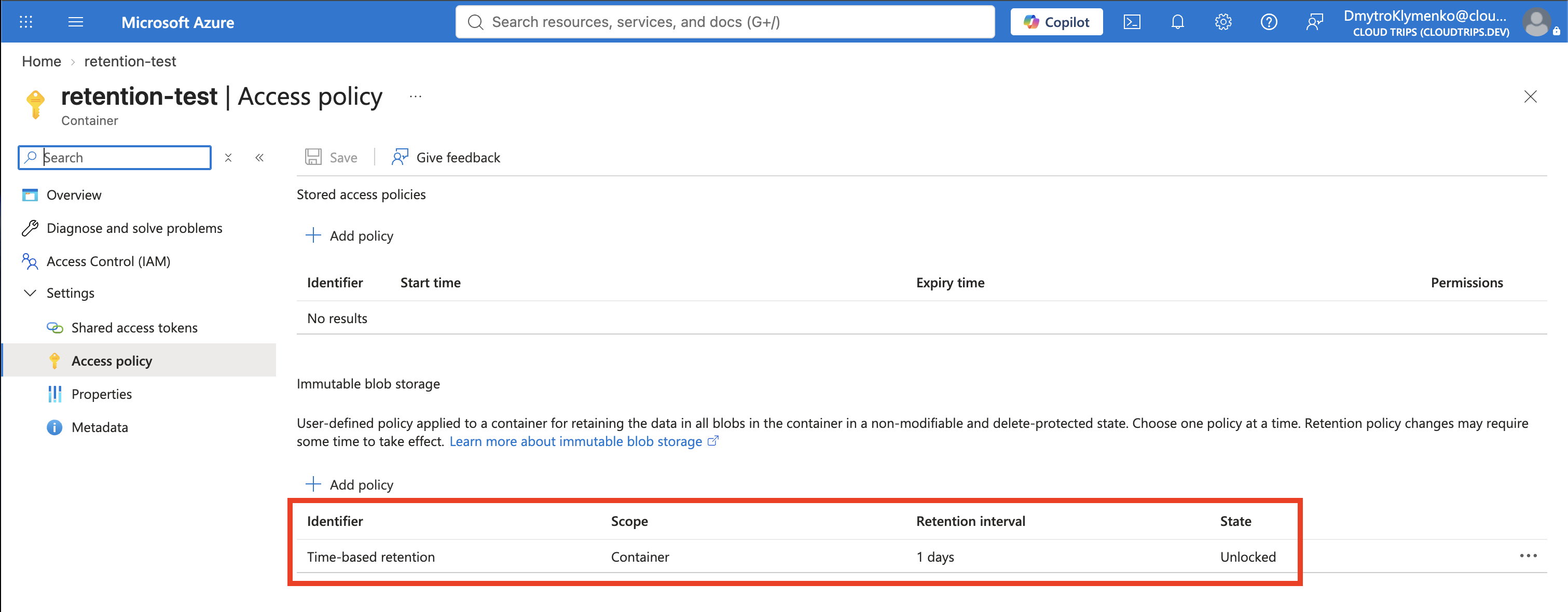 Container policy showing one-day time-based retention in Unlocked state