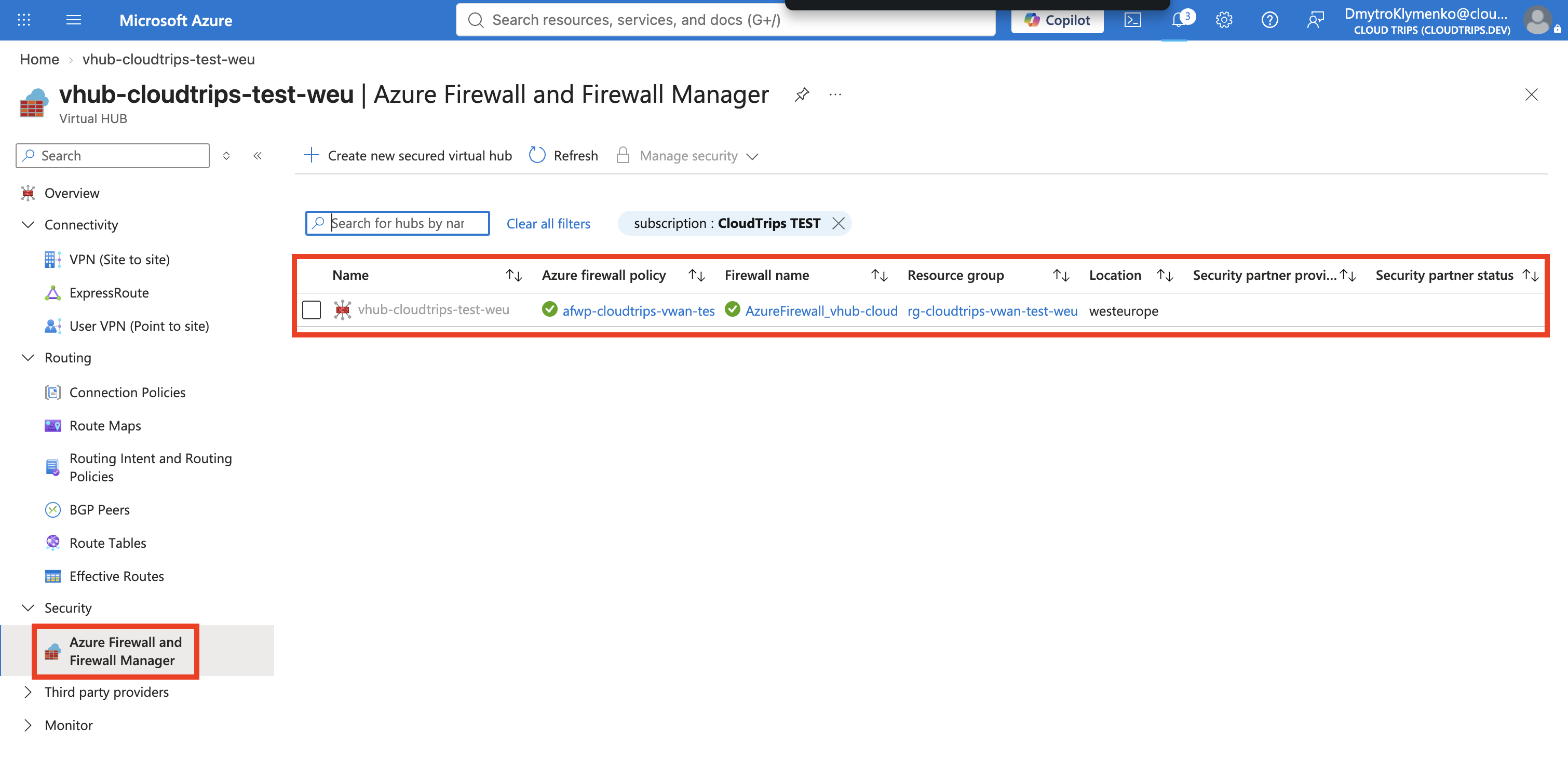CloudTrips-Virtual-Hub mit integrierter Azure Firewall und Status Secured