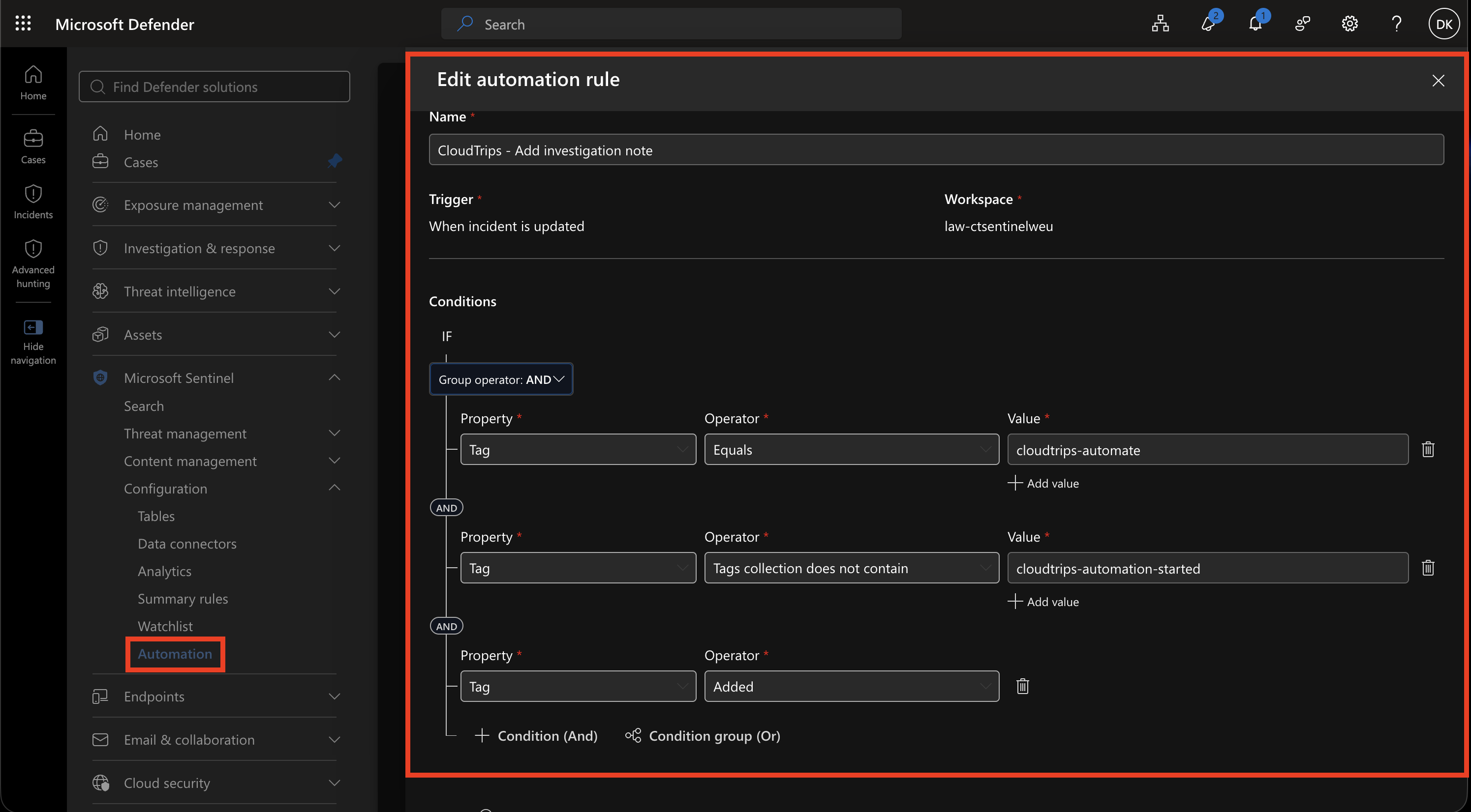 Sentinel automation rule showing the update trigger, all three tag conditions, and the ordered Add tags and Run playbook actions