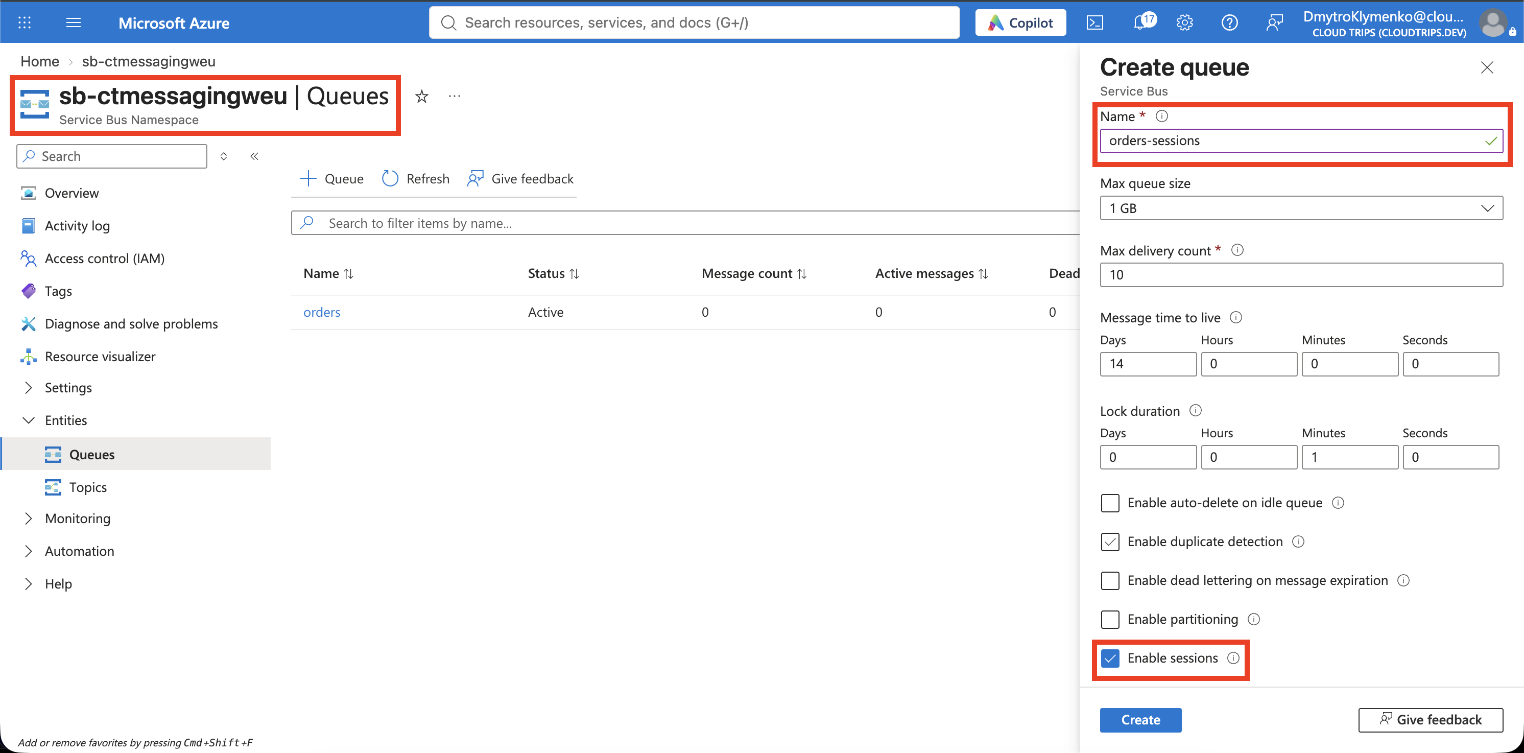 The orders-sessions creation form with Enable sessions selected, before creating it.