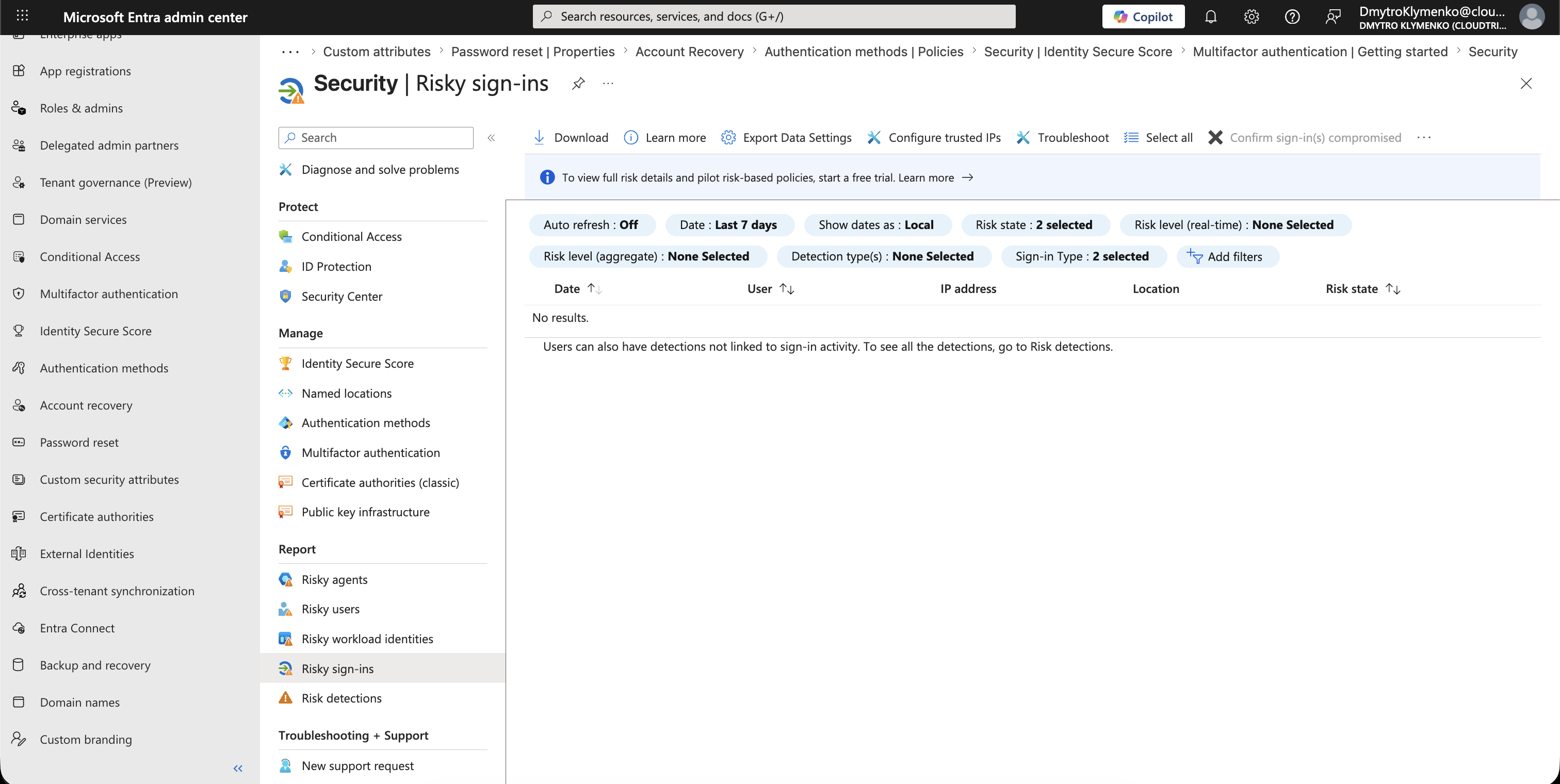 Microsoft Entra Identity Secure Score Risky Sign-ins Liste mit Date, User, IP address, Location und Risk state