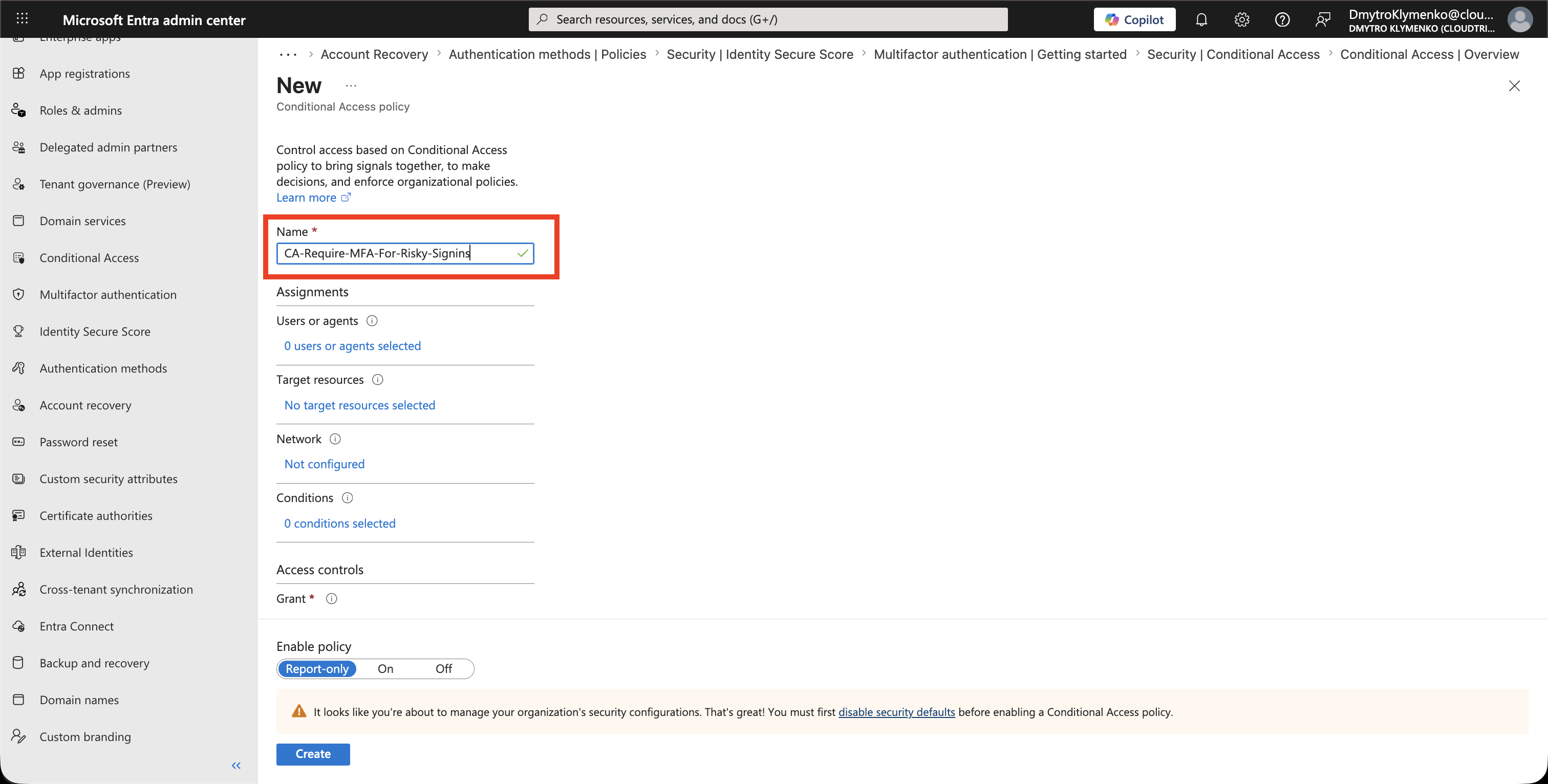 Conditional Access Policies Seite mit neuer Policy fuer Risky Sign-ins