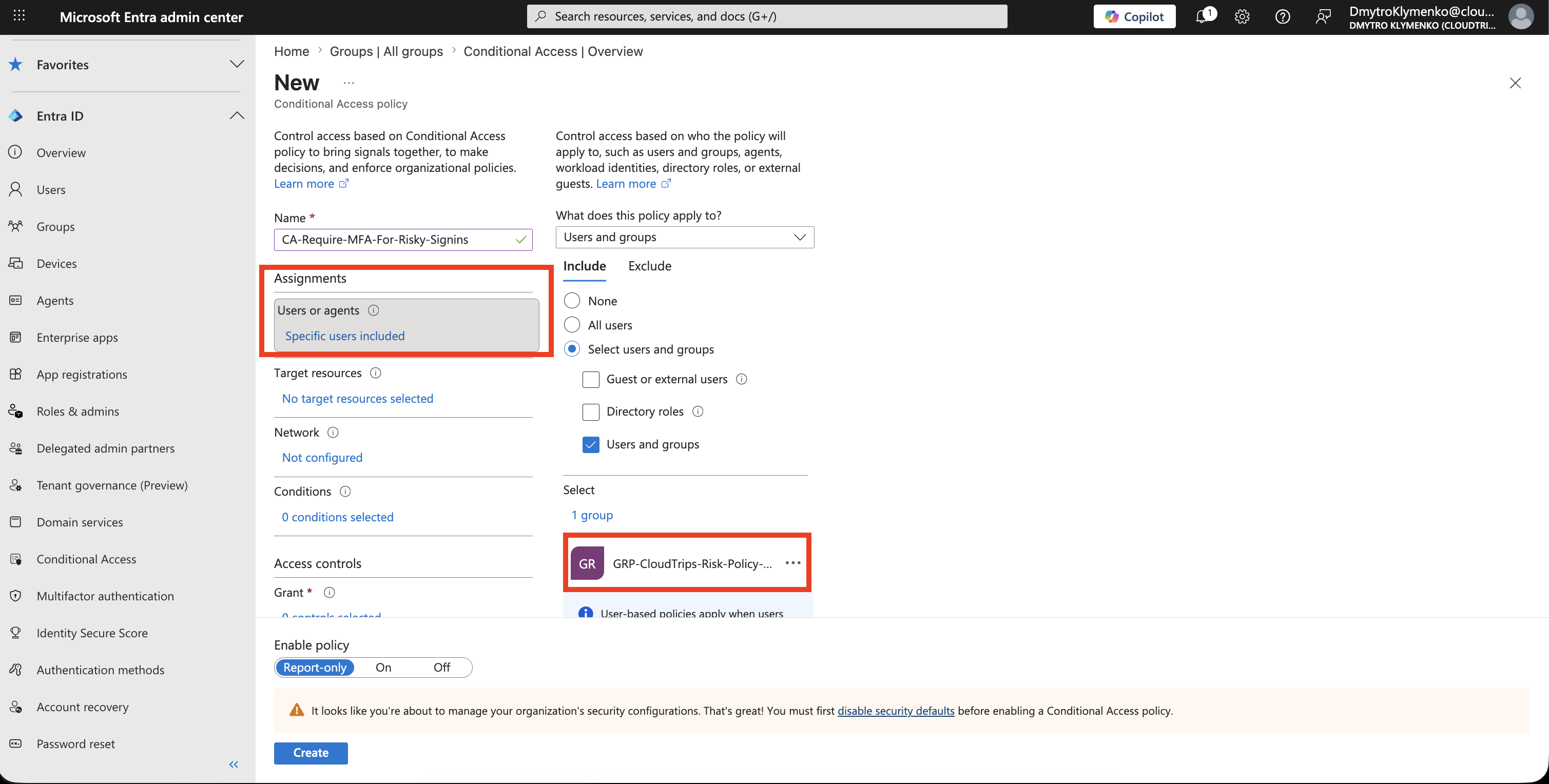 Conditional Access Users Assignment mit Pilotgruppe fuer die Sign-in Risk Policy