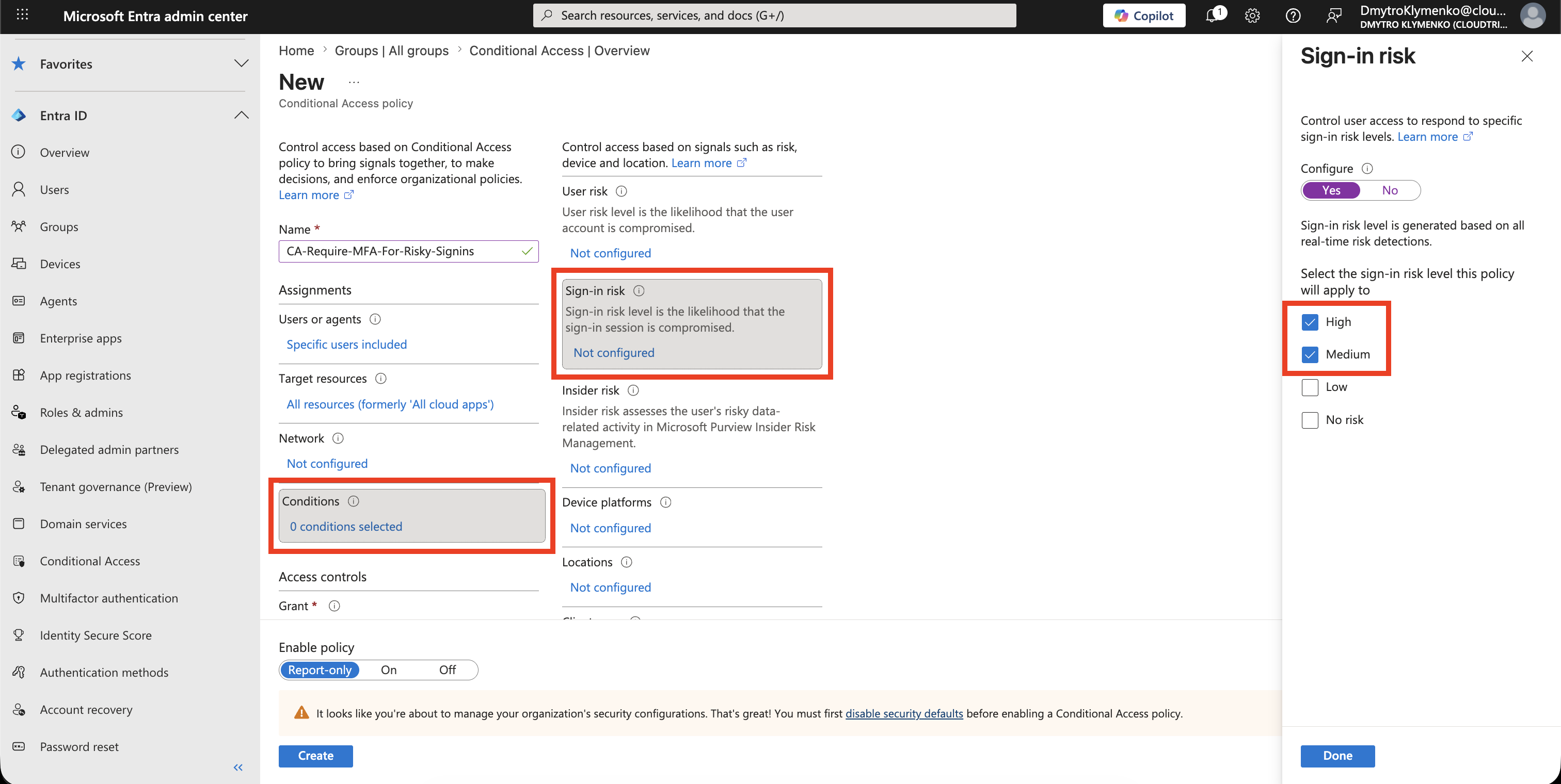Conditional Access Sign-in Risk Condition mit Medium und High Risk ausgewaehlt