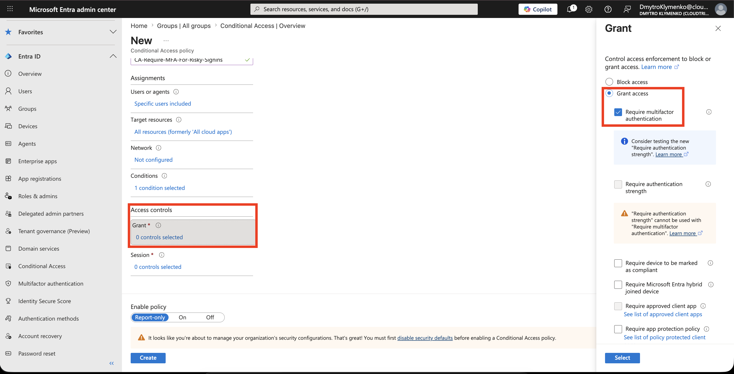 Conditional Access Grant Controls mit erforderlicher MFA fuer Risky Sign-ins