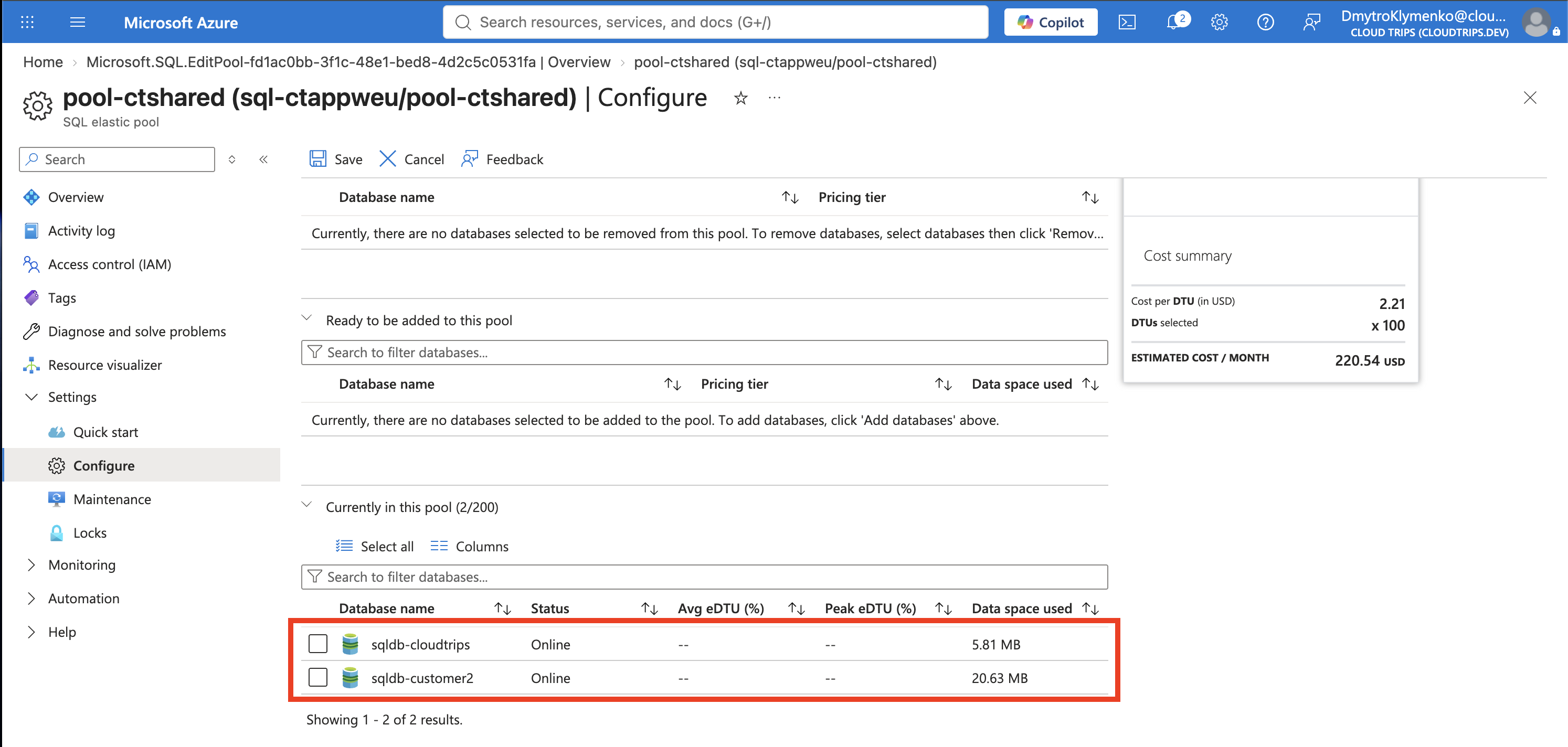 Datenbankliste des Elastic Pools mit sqldb-cloudtrips und sqldb-customer2