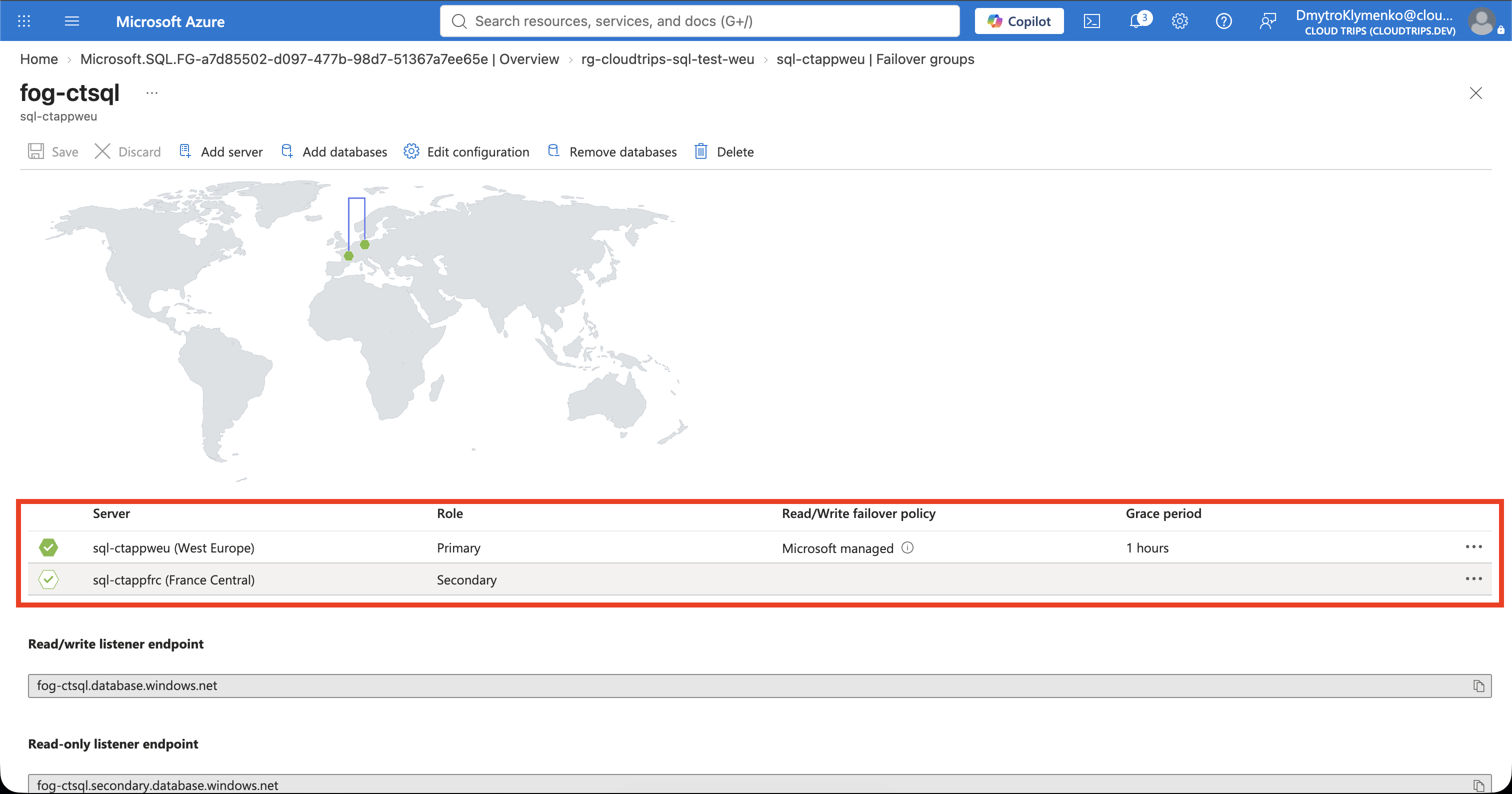 Failover group configuration with sql-ctappfrc, sqldb-cloudtrips, Microsoft-managed policy, and a one-hour grace period