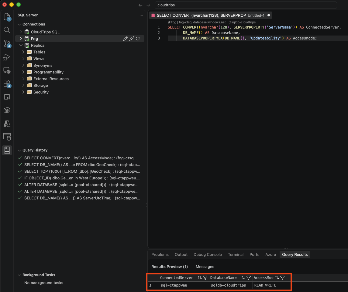 Connection through the failover-group listener showing sql-ctappweu and READ_WRITE