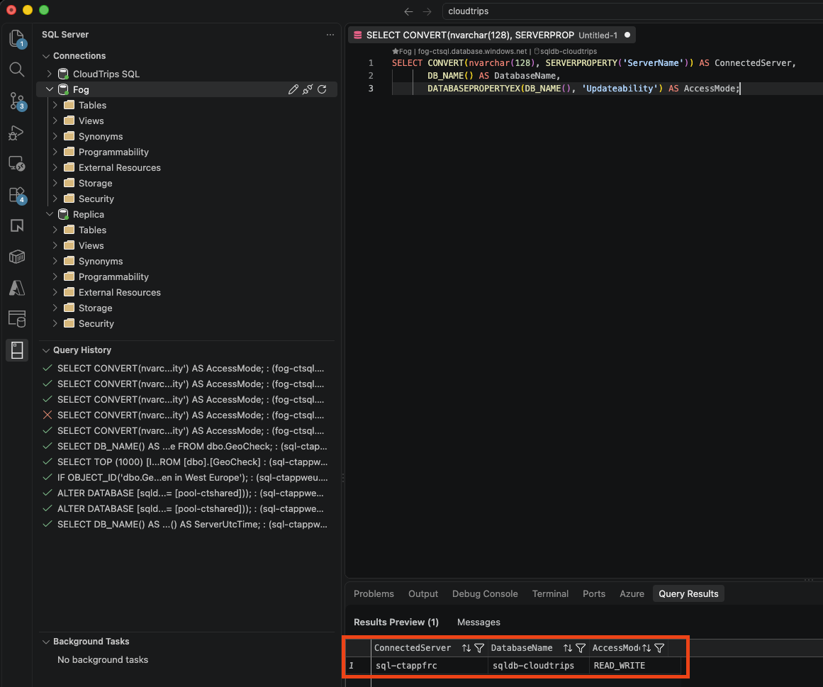 Query through the unchanged listener after failover showing sql-ctappfrc and READ_WRITE