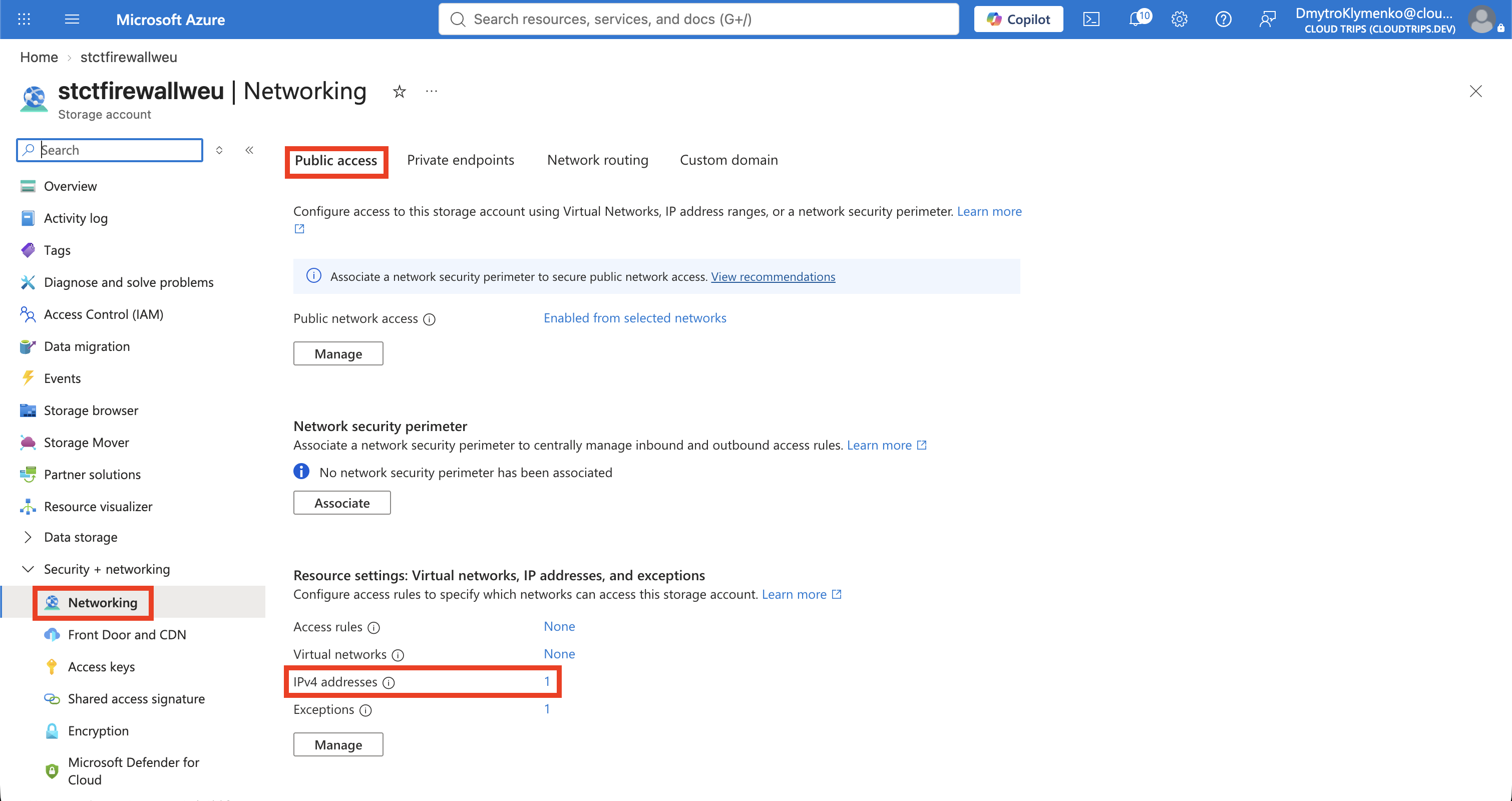 Storage firewall allowing only the current client public IPv4 address with selected networks enabled