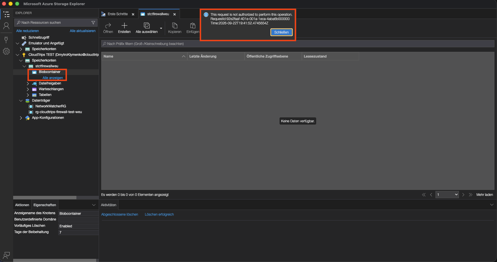 Storage Explorer showing denied data access after the client IP rule is removed