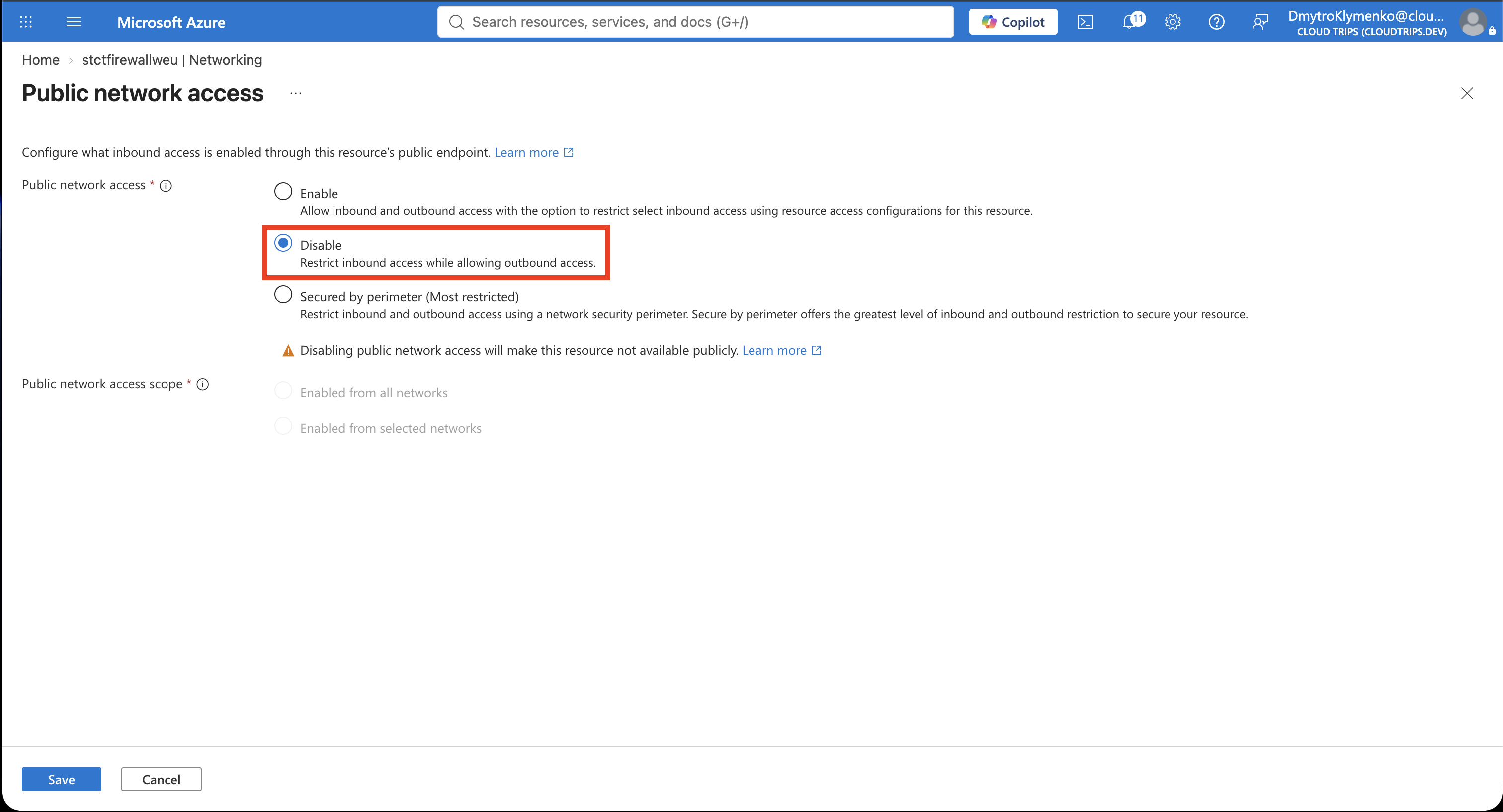 Storage account Networking page with public network access disabled