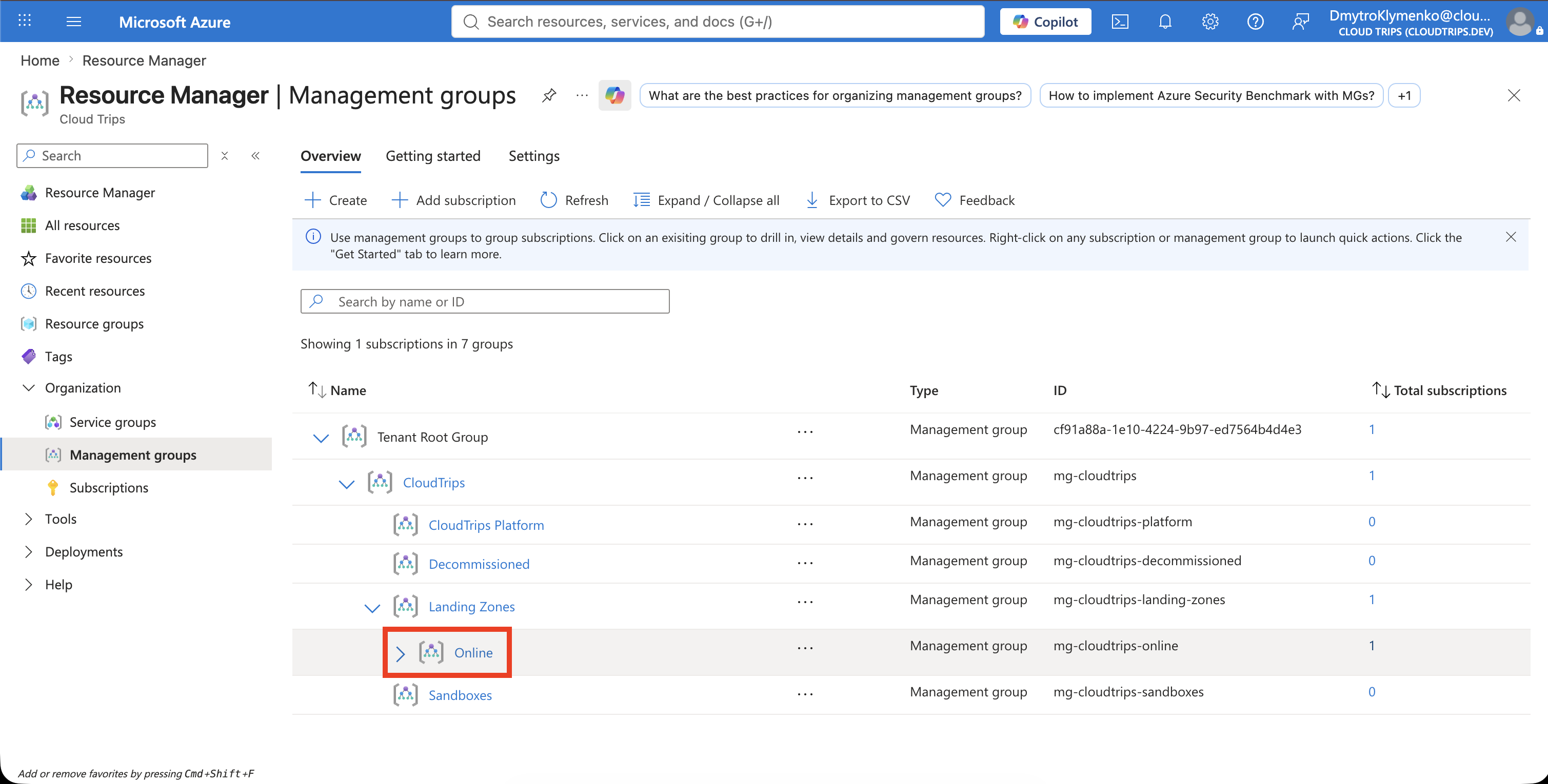 Management groups hierarchy with Online expanded and CloudTrips DEV visible
