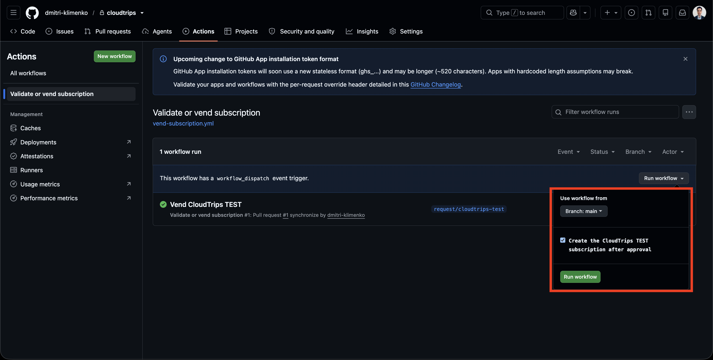 Manually starting the subscription-vending workflow from main with deployment enabled