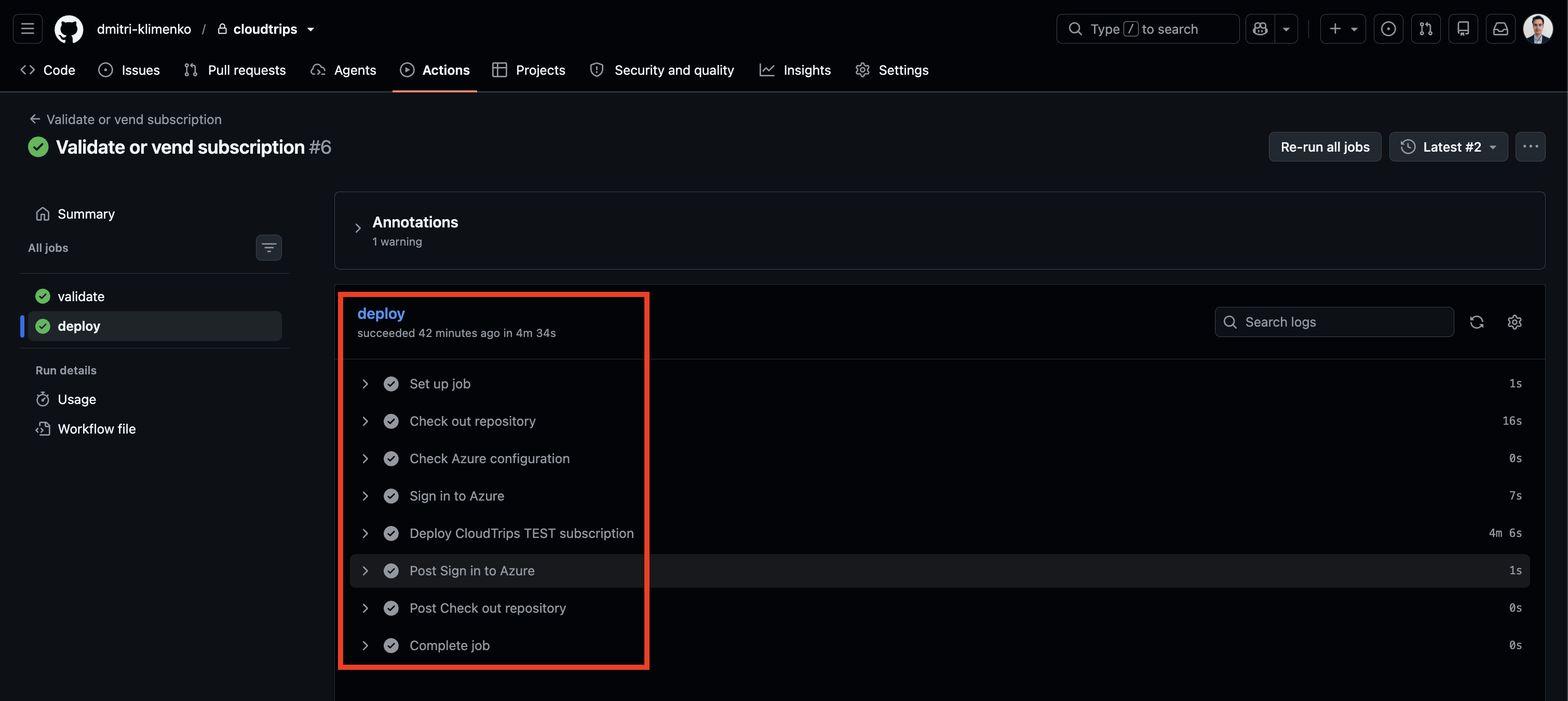 Successful subscription-vending pipeline run for CloudTrips TEST