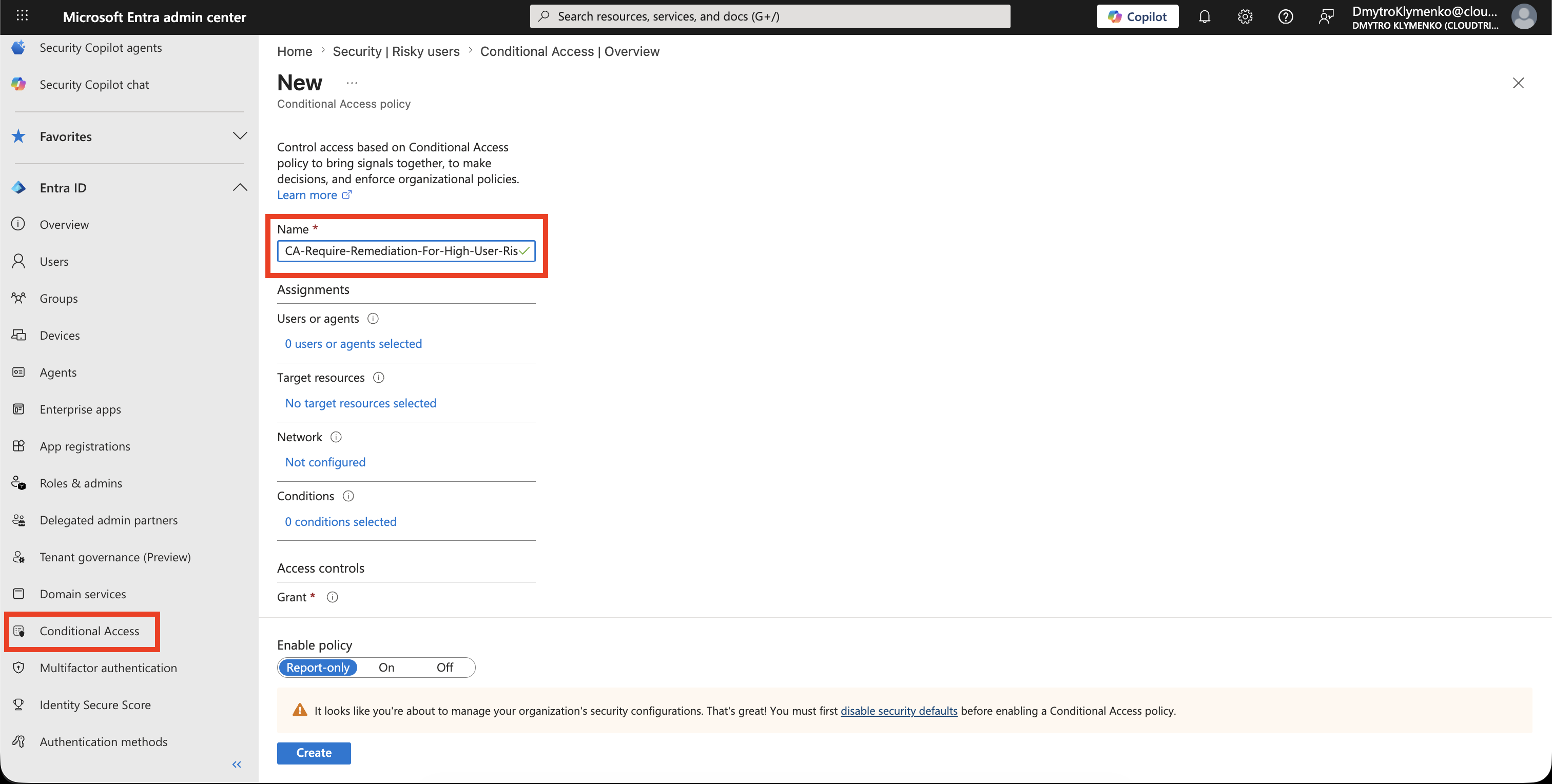 Conditional Access Policies Seite mit neuer Policy fuer User Risk Remediation
