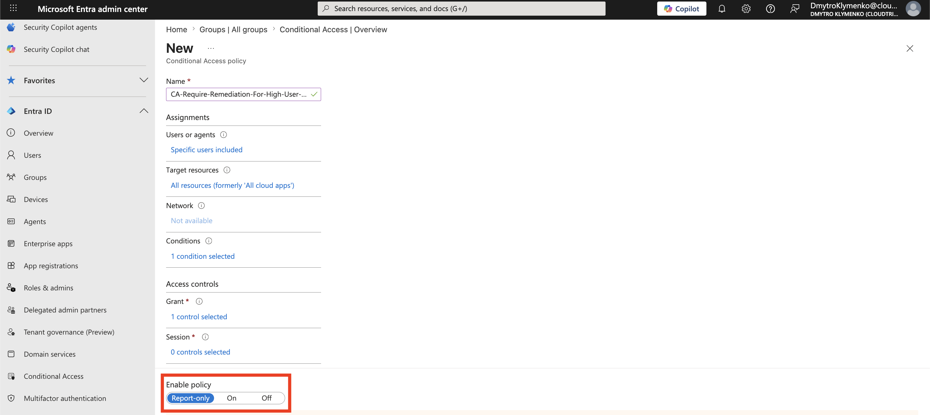 Conditional Access User Risk Policy im Report-only Mode