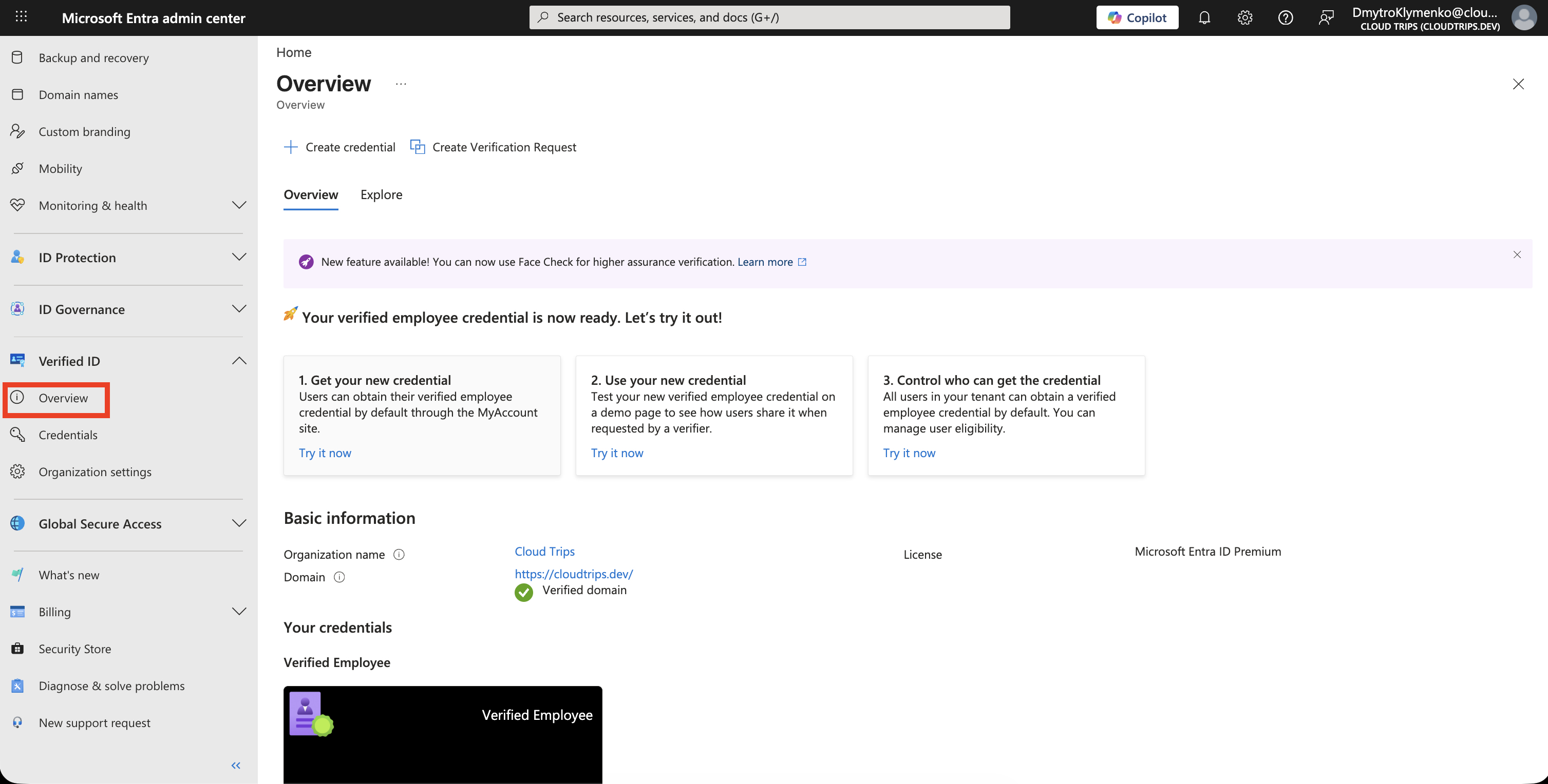 Verified ID Overview showing the verified employee credential ready for CloudTrips