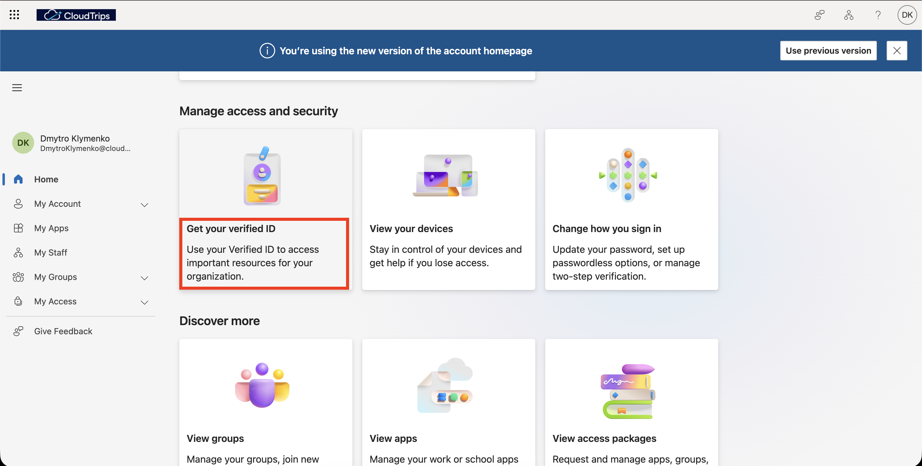 My Account page showing the Get Verified ID option after authentication