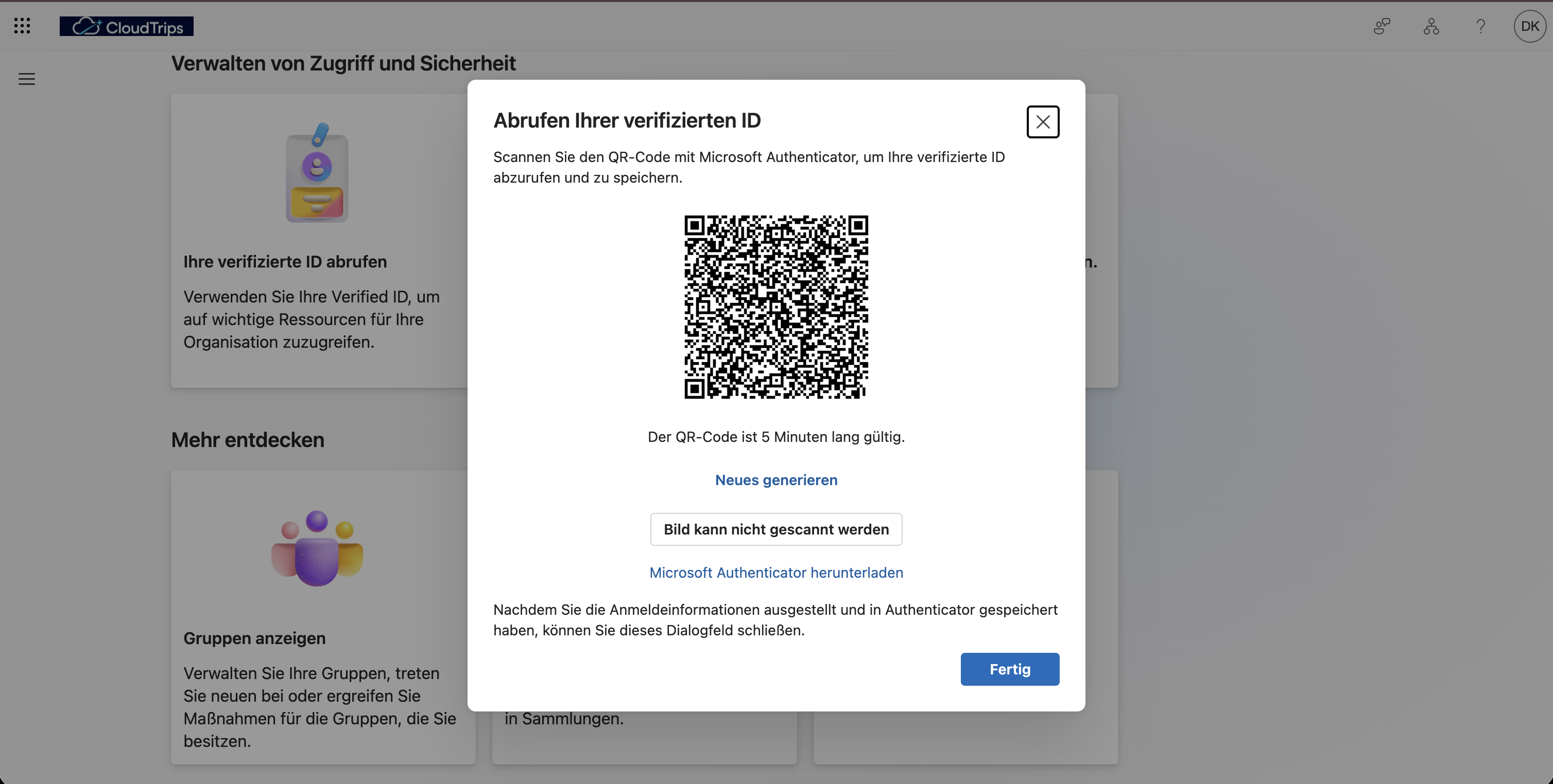 Credential issuance page showing the QR code for the test user