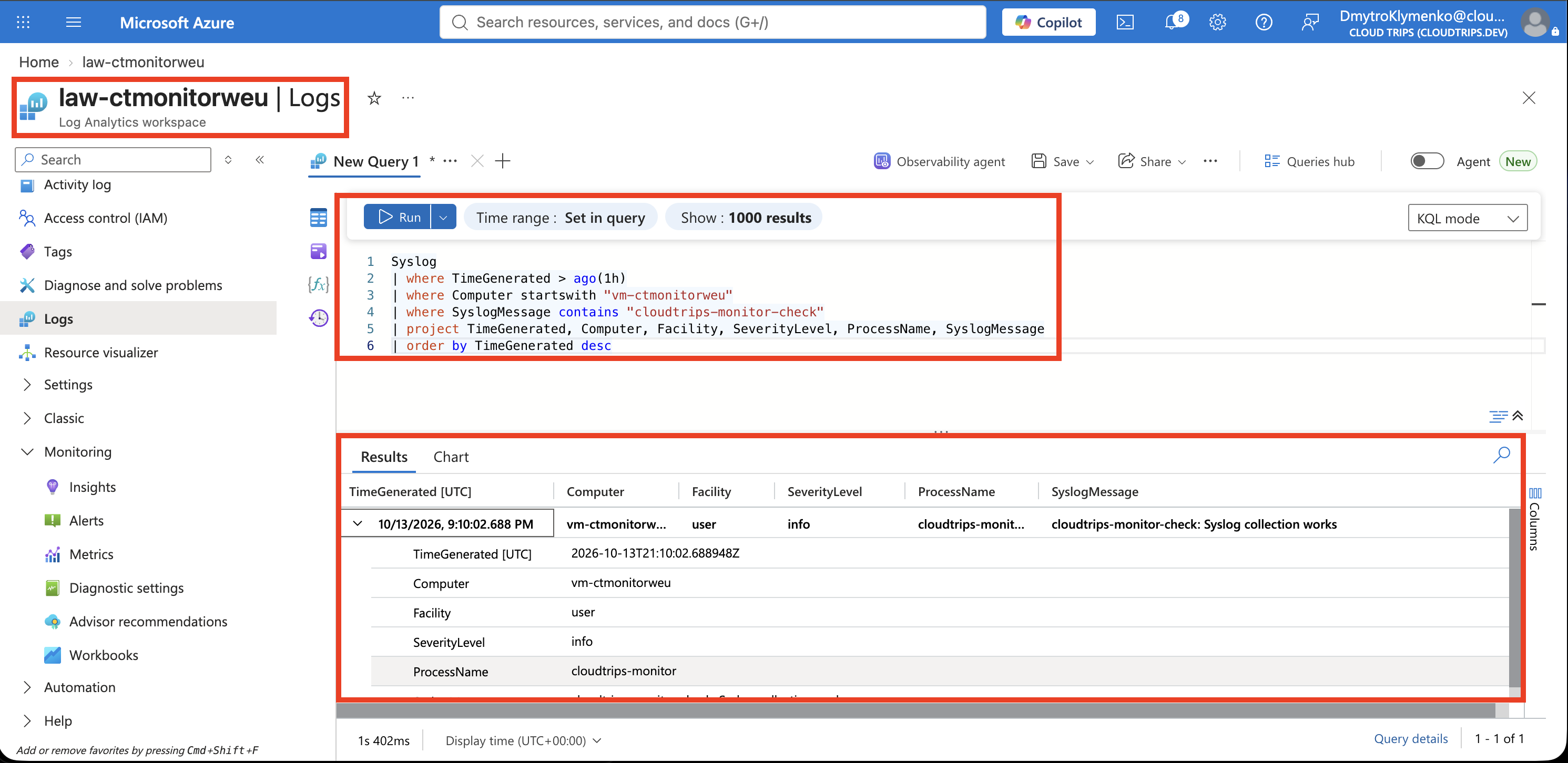 Syslog query returning the test message from vm-ctmonitorweu.