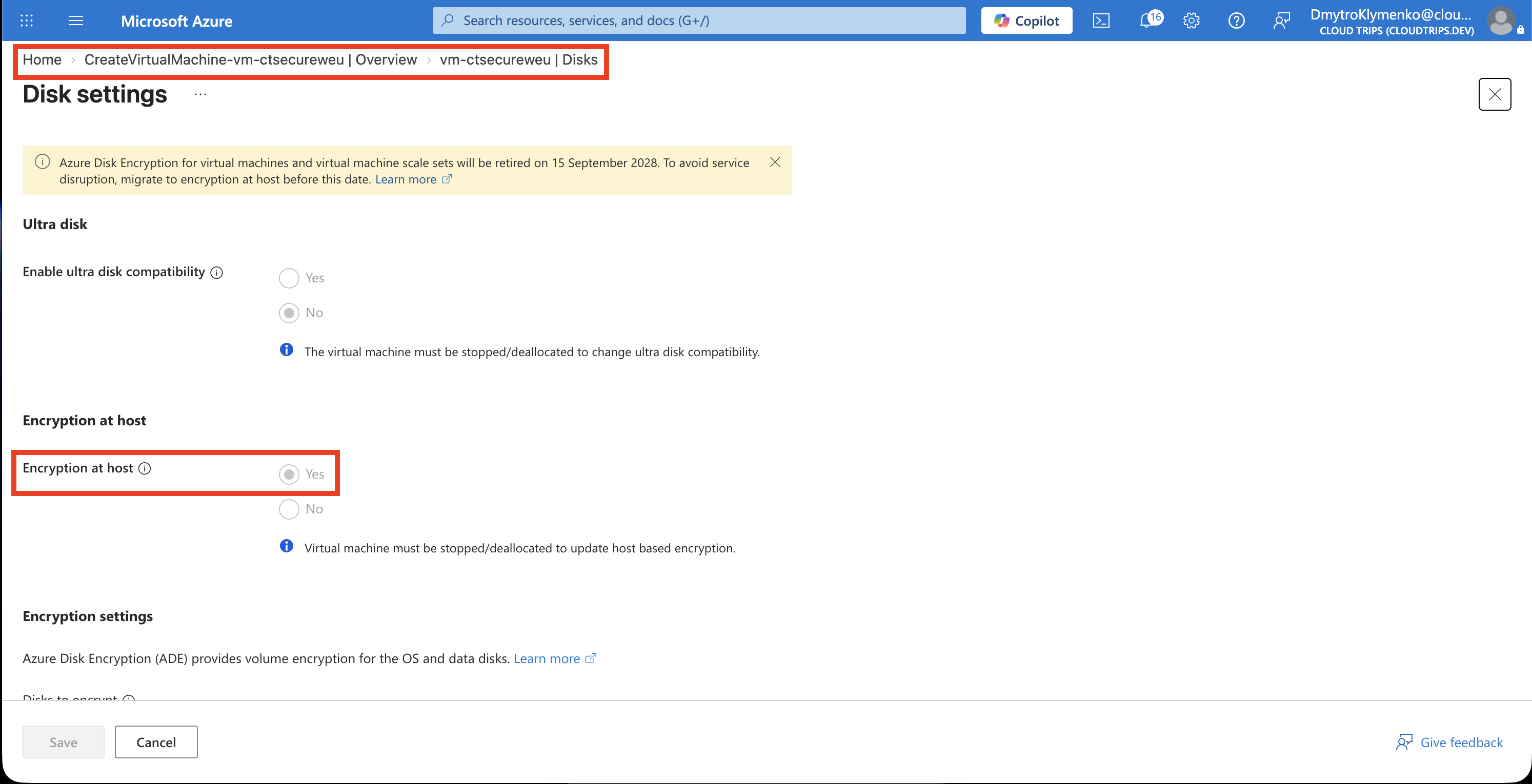 VM disk settings showing encryption at host enabled with platform-managed keys
