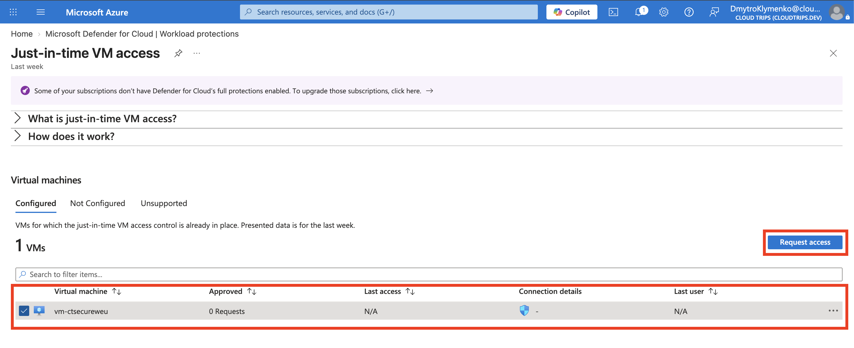 JIT configuration for vm-ctsecureweu showing TCP 22, source IPs set per request, and a one-hour maximum