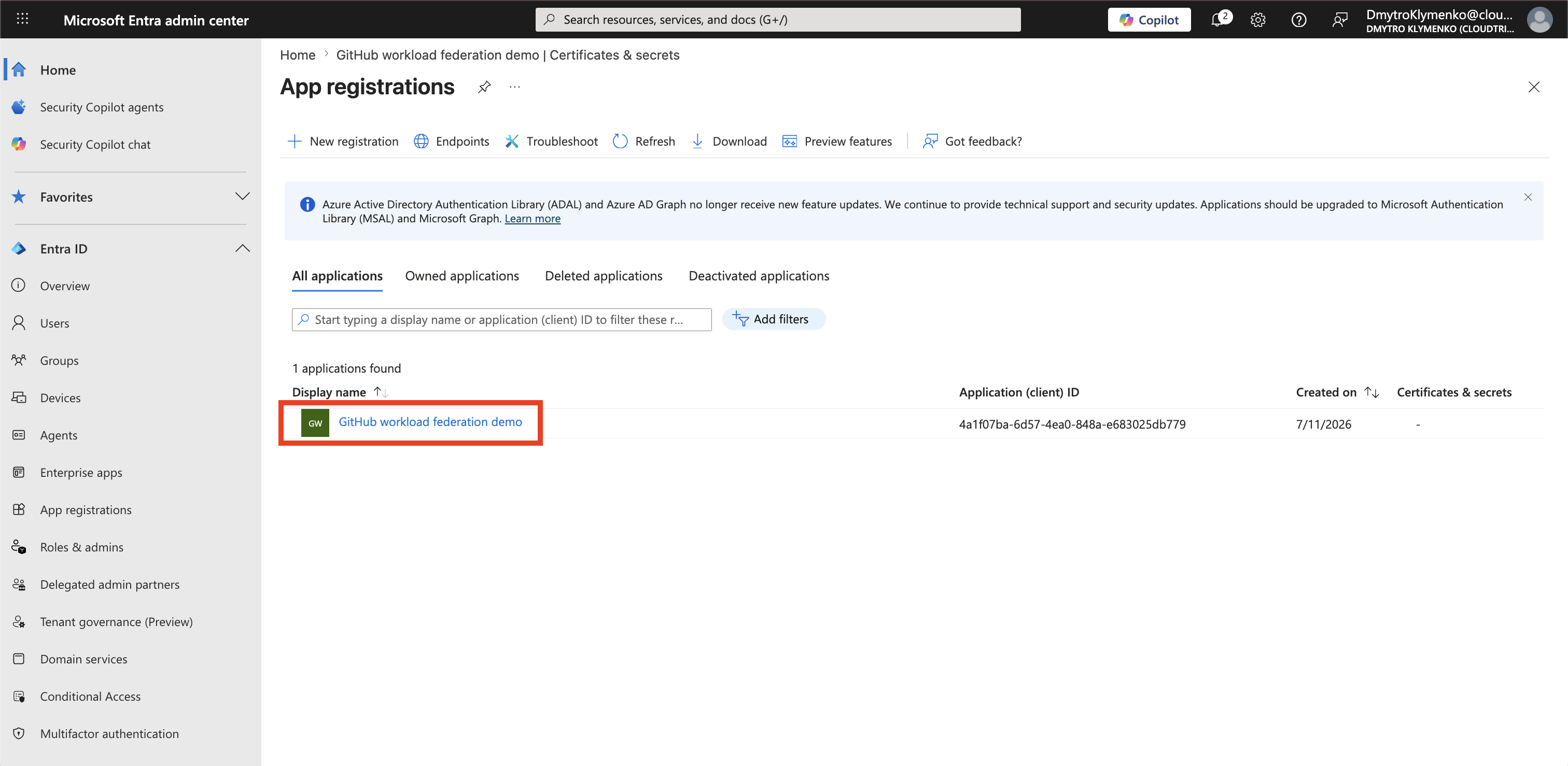 Microsoft Entra App registrations page showing the workload application