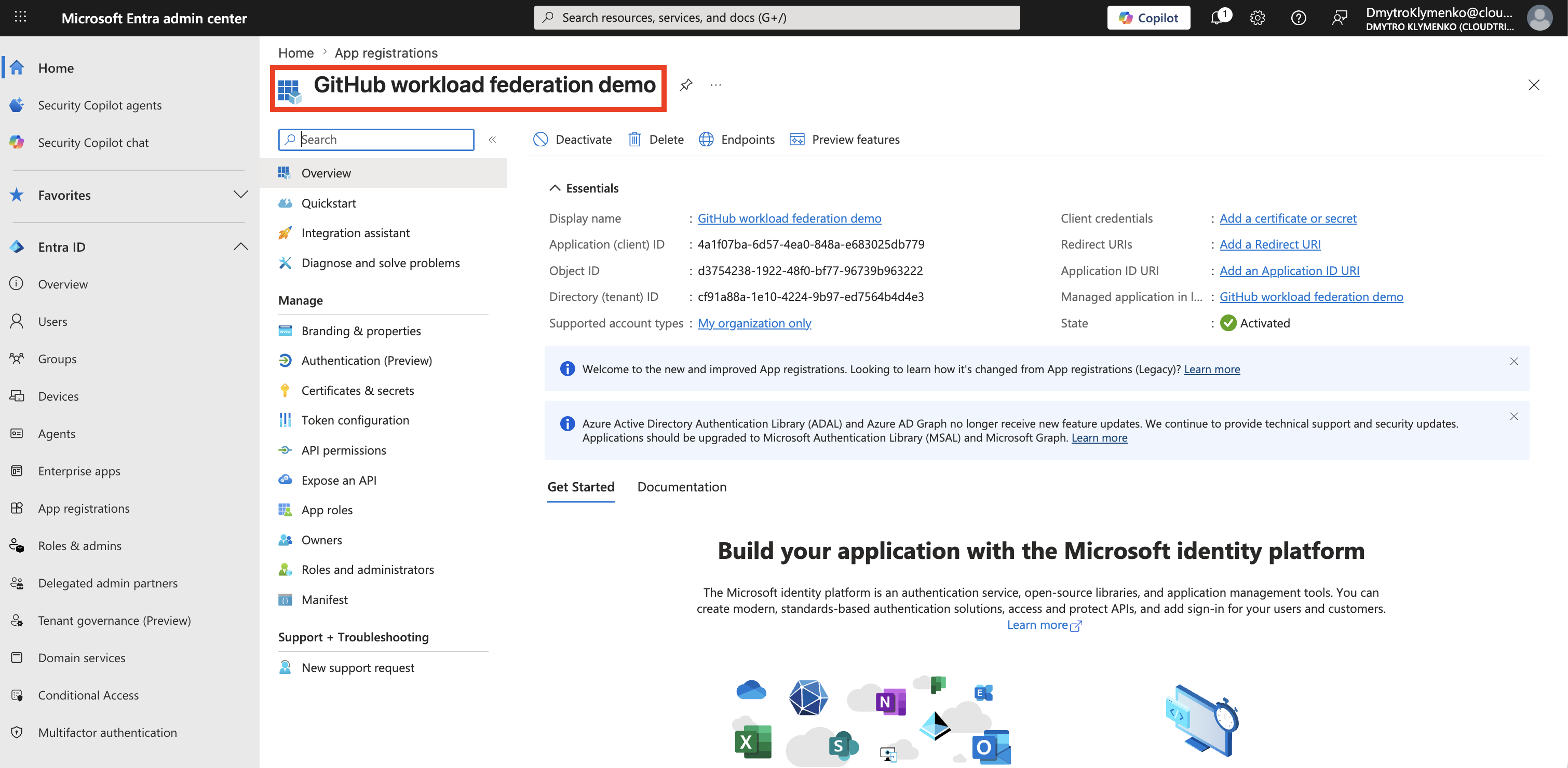 Workload app overview showing the application client ID and directory tenant ID