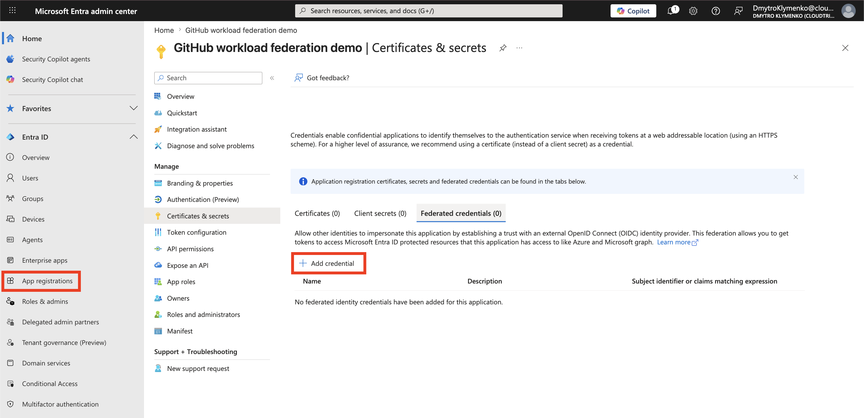 Federated credentials tab with the Add credential action