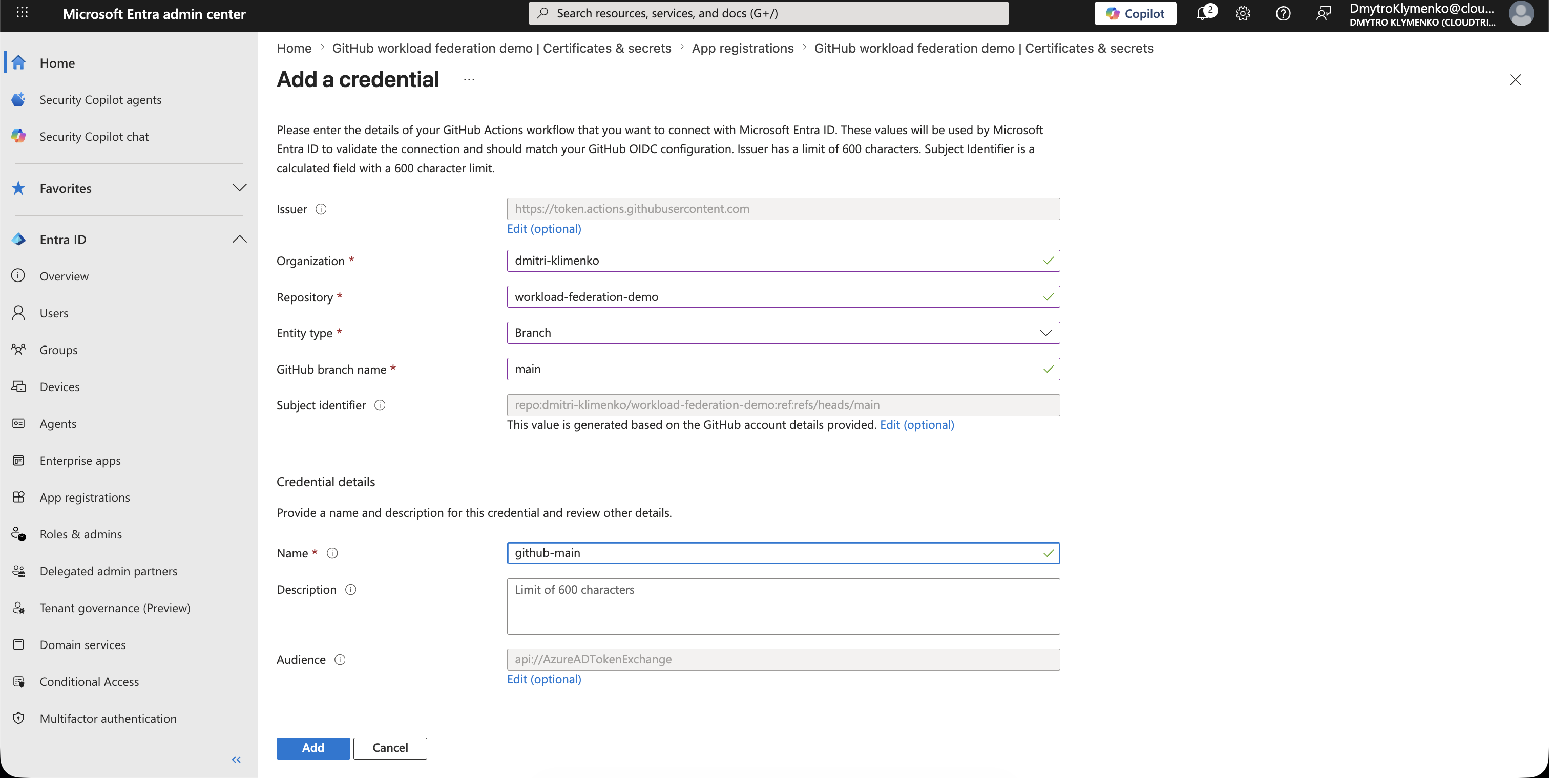 Add a credential page configured for a GitHub repository main branch
