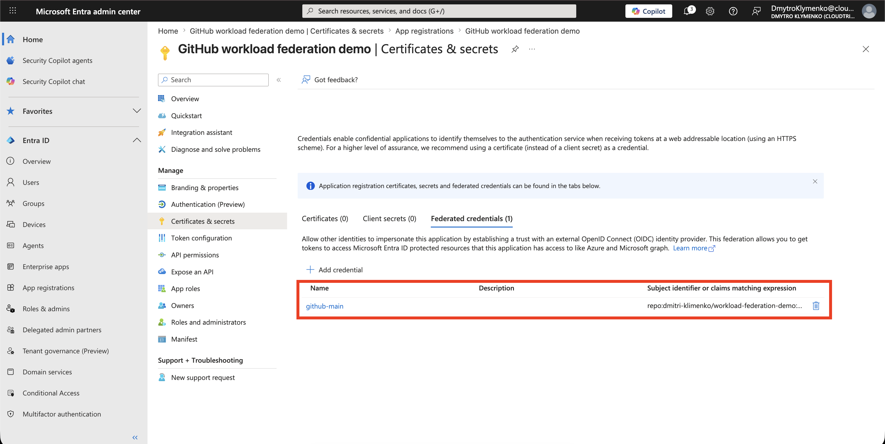 Federated credentials list showing the github-main credential
