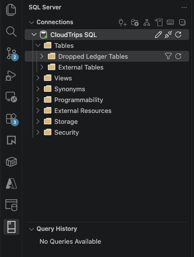 MSSQL-Seitenleiste in VS Code mit verbundenem Profil CloudTrips SQL und Datenbank sqldb-cloudtrips