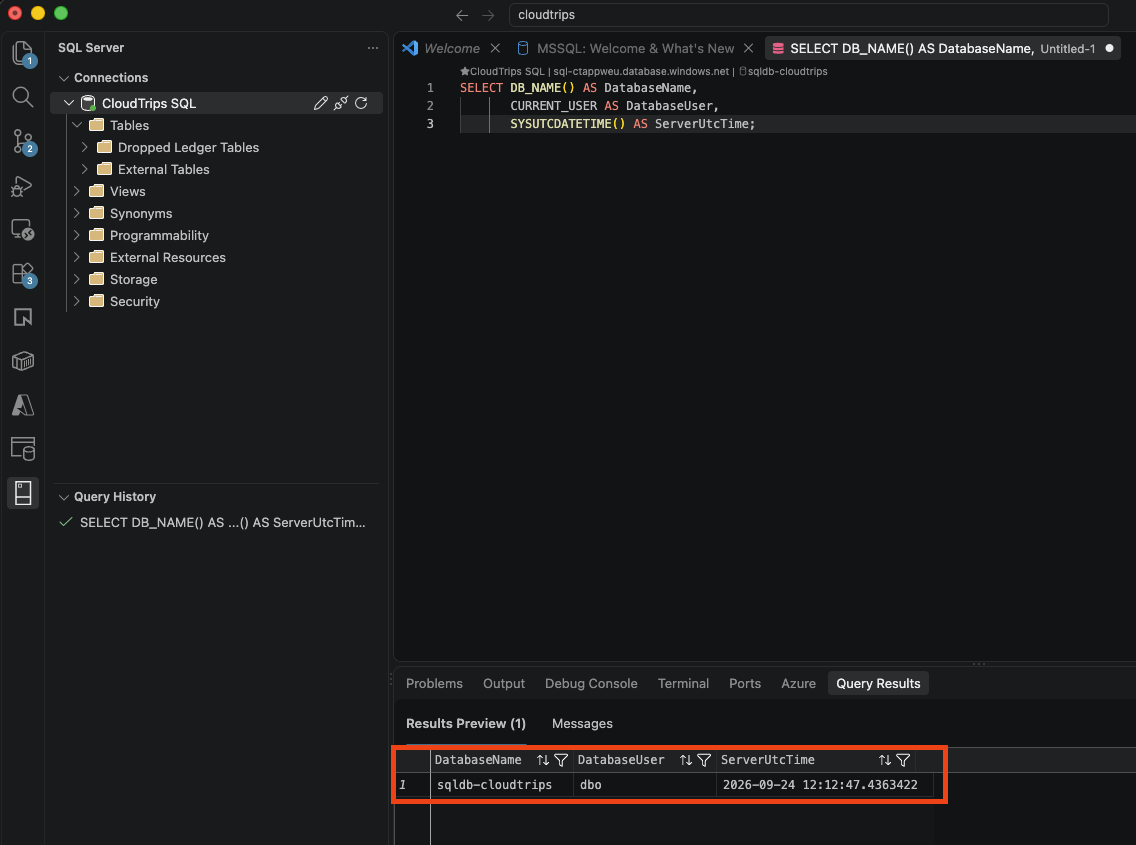 VS-Code-Abfrageergebnis mit DatabaseName, DatabaseUser und ServerUtcTime
