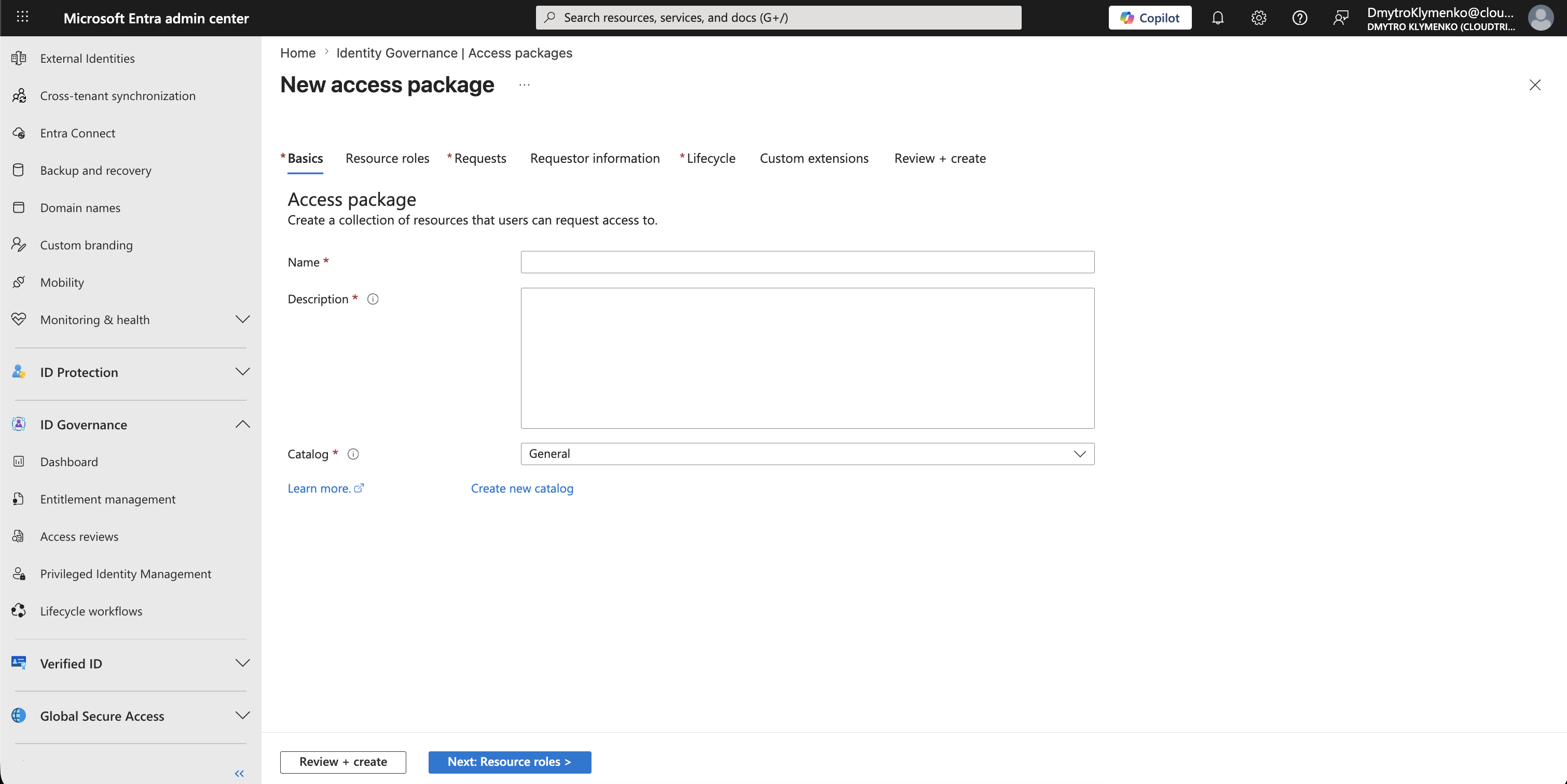 Microsoft Entra Entitlement management Access packages page showing New access package