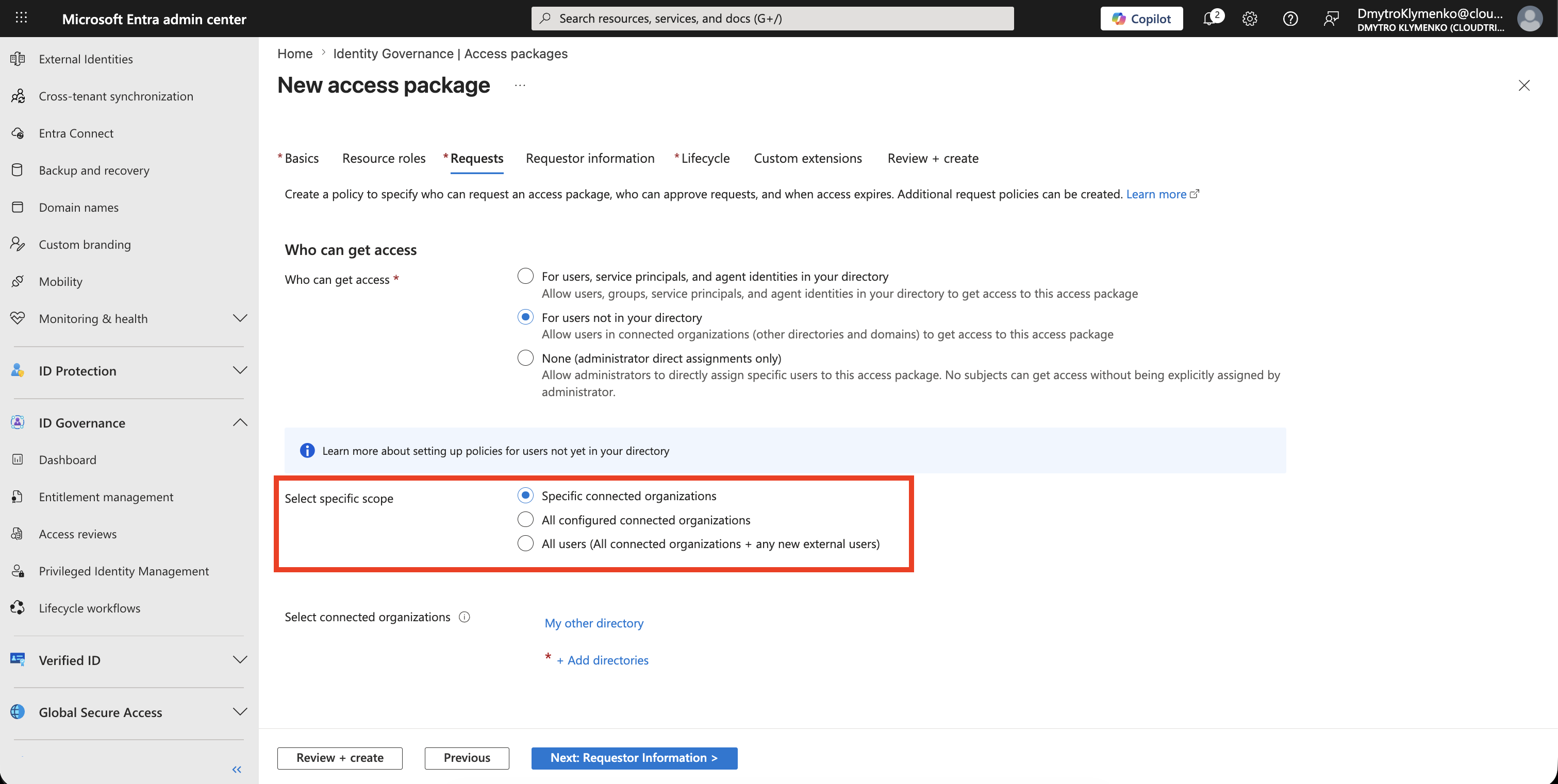Access package Requests tab showing users not in your directory